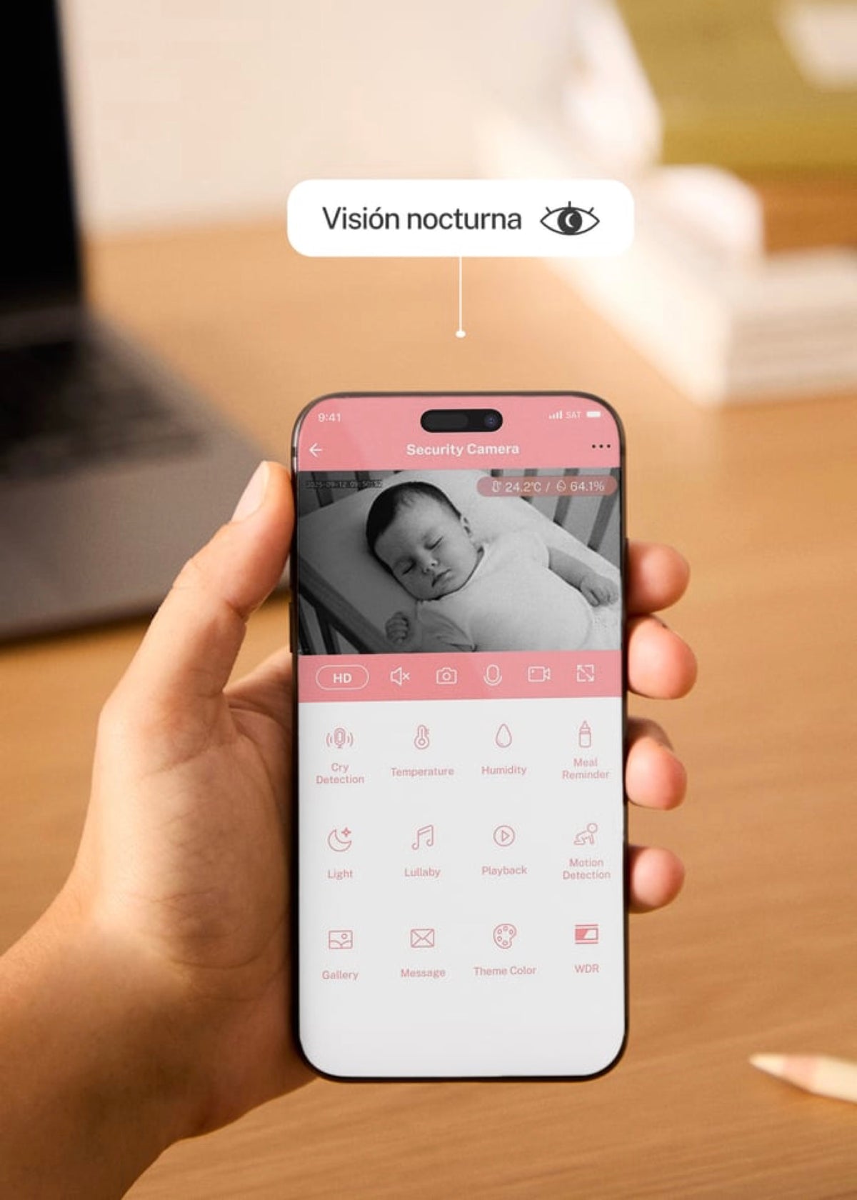 Baby Cam Connect Pro - Cámara de vigilancia para bebés con wifi, monitor y audio bidireccional - Blanco roto