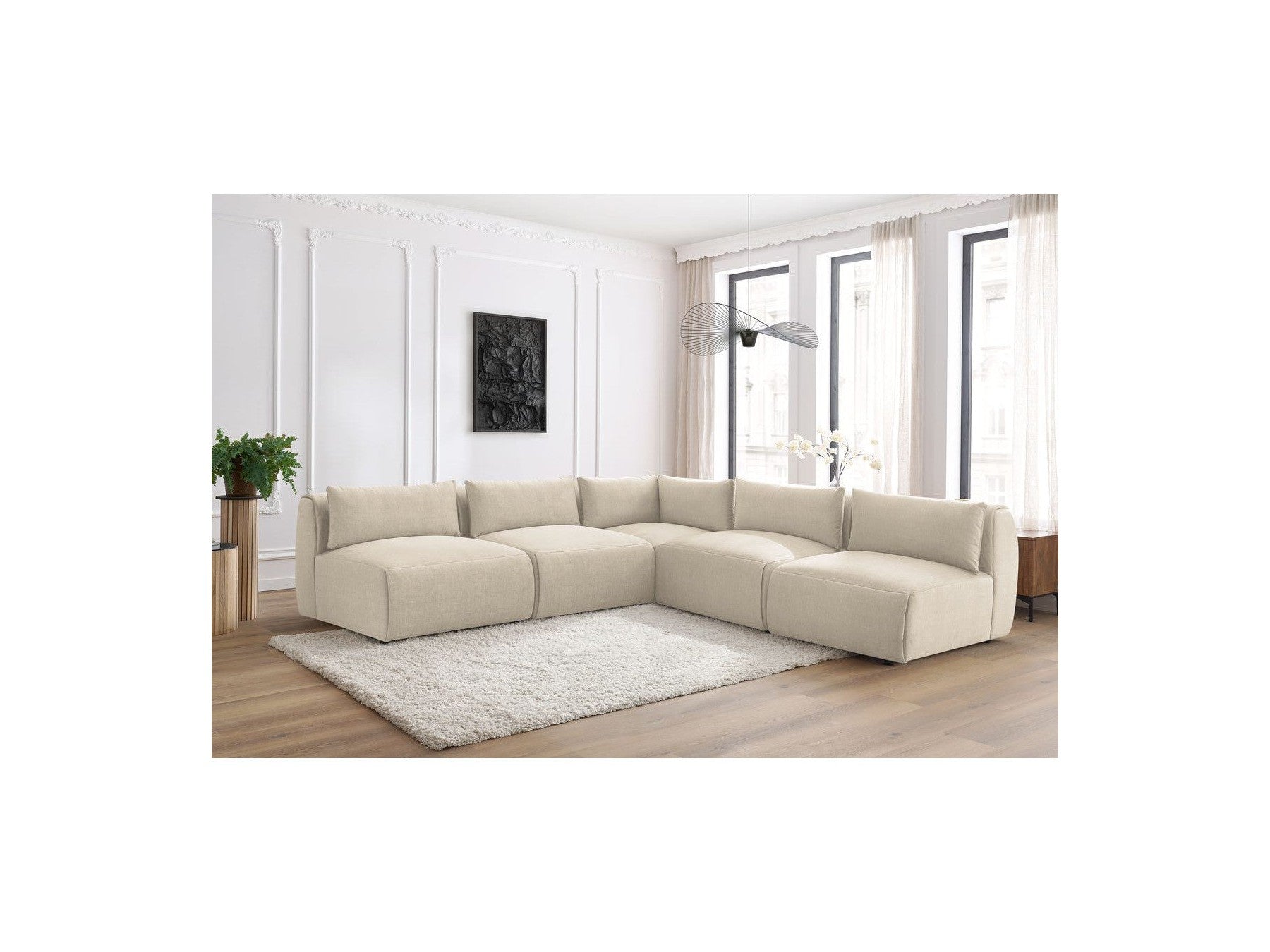 Jeanne - Canapé D'Angle Fixe Modulable - Tissu Velours Avec 4 Chauffeuses Et 1 Angle