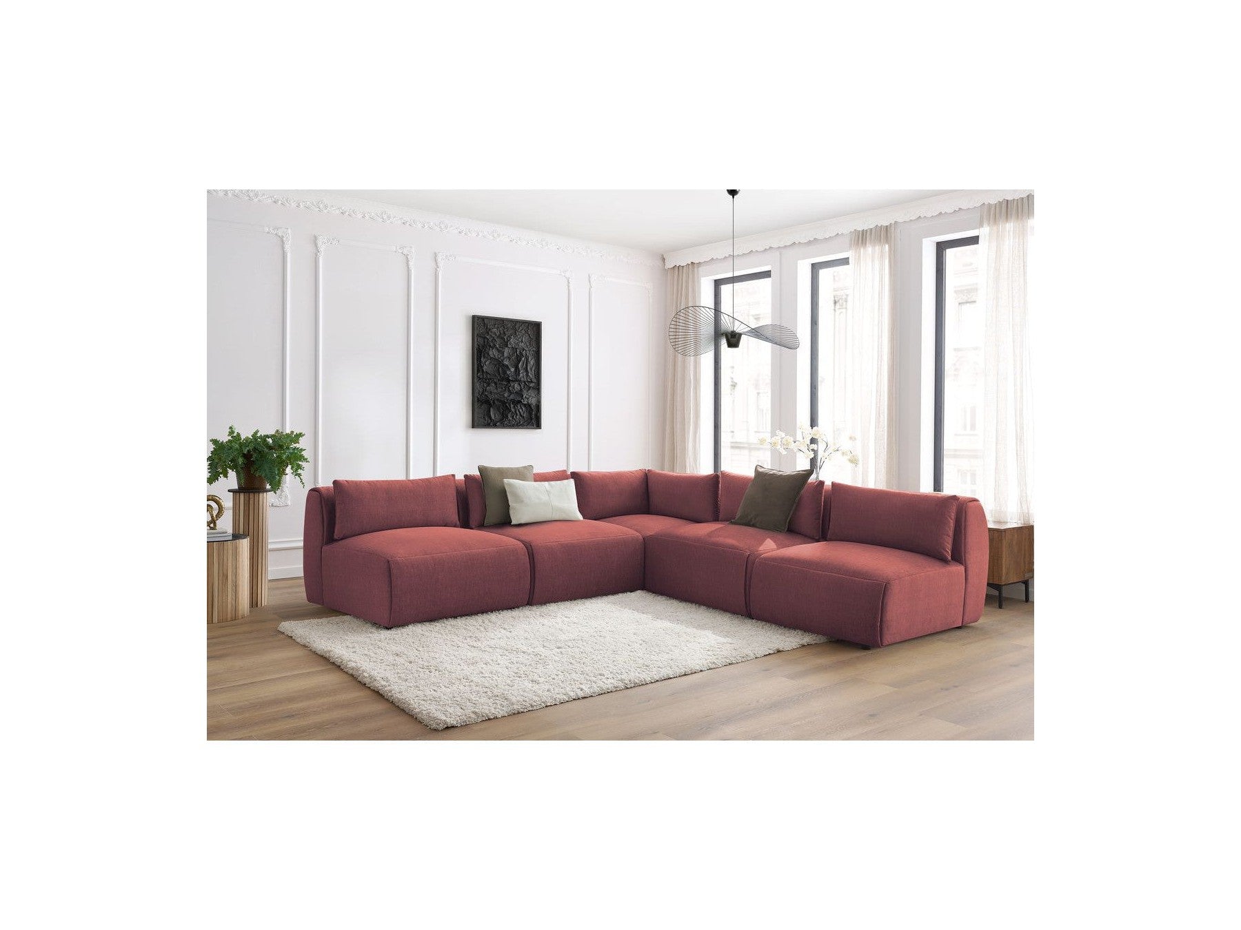 Jeanne - Canapé D'Angle Fixe Modulable - Tissu Velours Avec 4 Chauffeuses Et 1 Angle