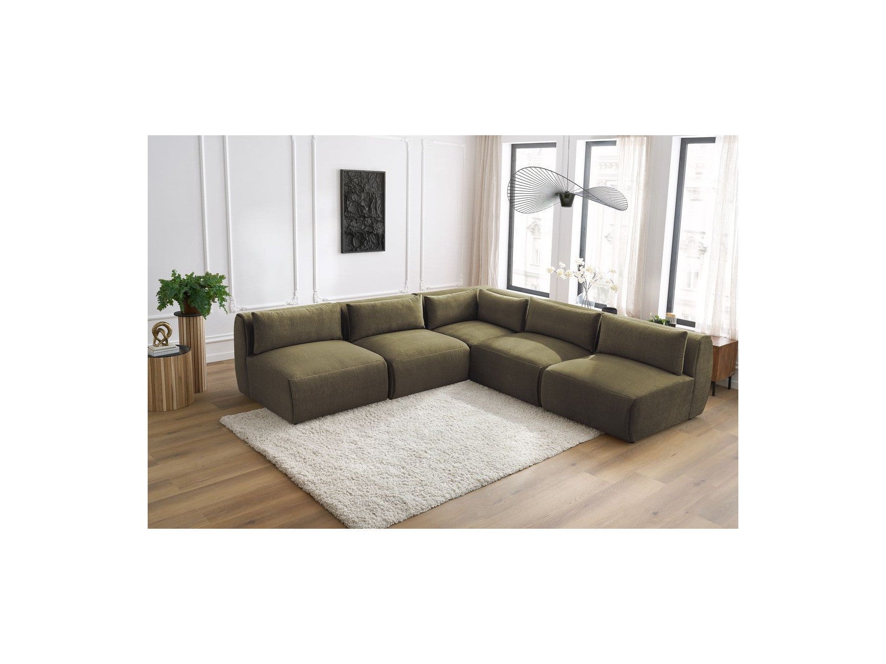 Jeanne - Canapé D'Angle Fixe Modulable - Tissu Velours Avec 4 Chauffeuses Et 1 Angle