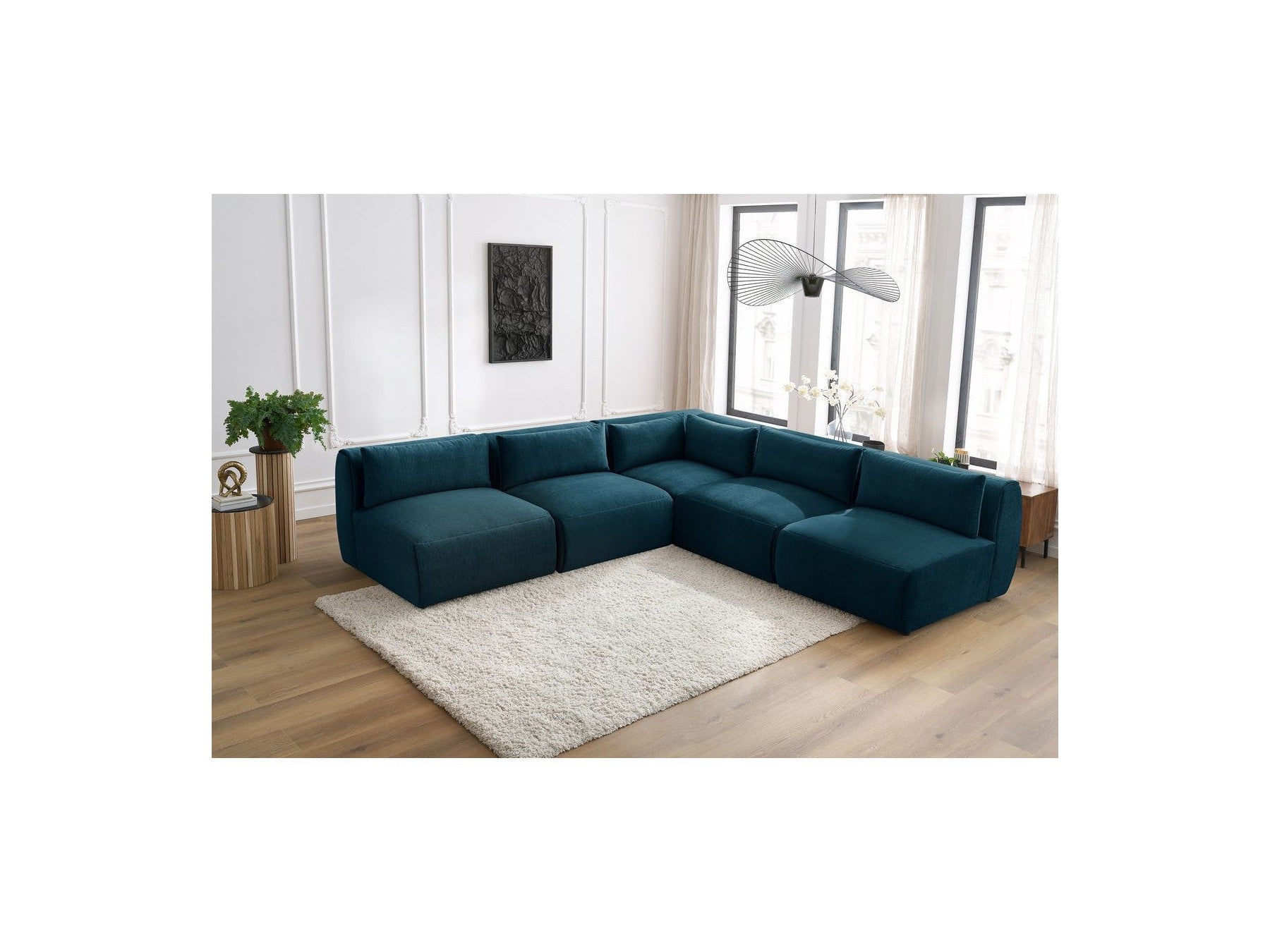 Jeanne - Canapé D'Angle Fixe Modulable - Tissu Velours Avec 4 Chauffeuses Et 1 Angle