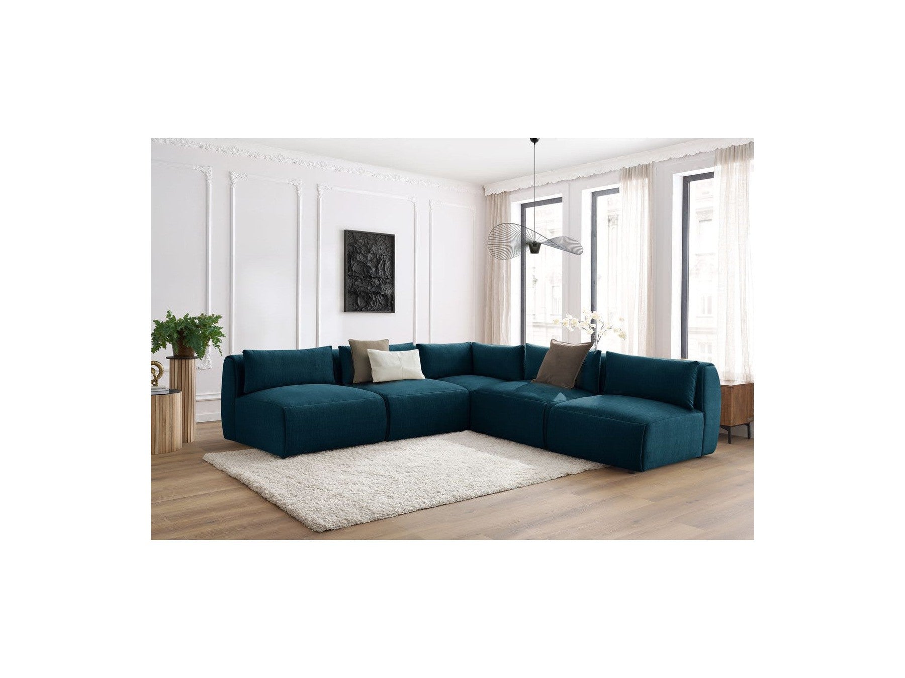 Jeanne - Canapé D'Angle Fixe Modulable - Tissu Velours Avec 4 Chauffeuses Et 1 Angle