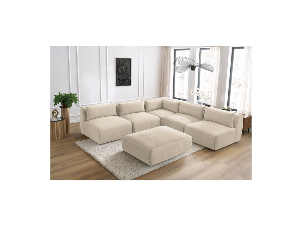 Canapé D'Angle Fixe Modulable Jeanne Tissu Velours Avec 4 Chauffeuses, 1 Angle Et 1 Pouf