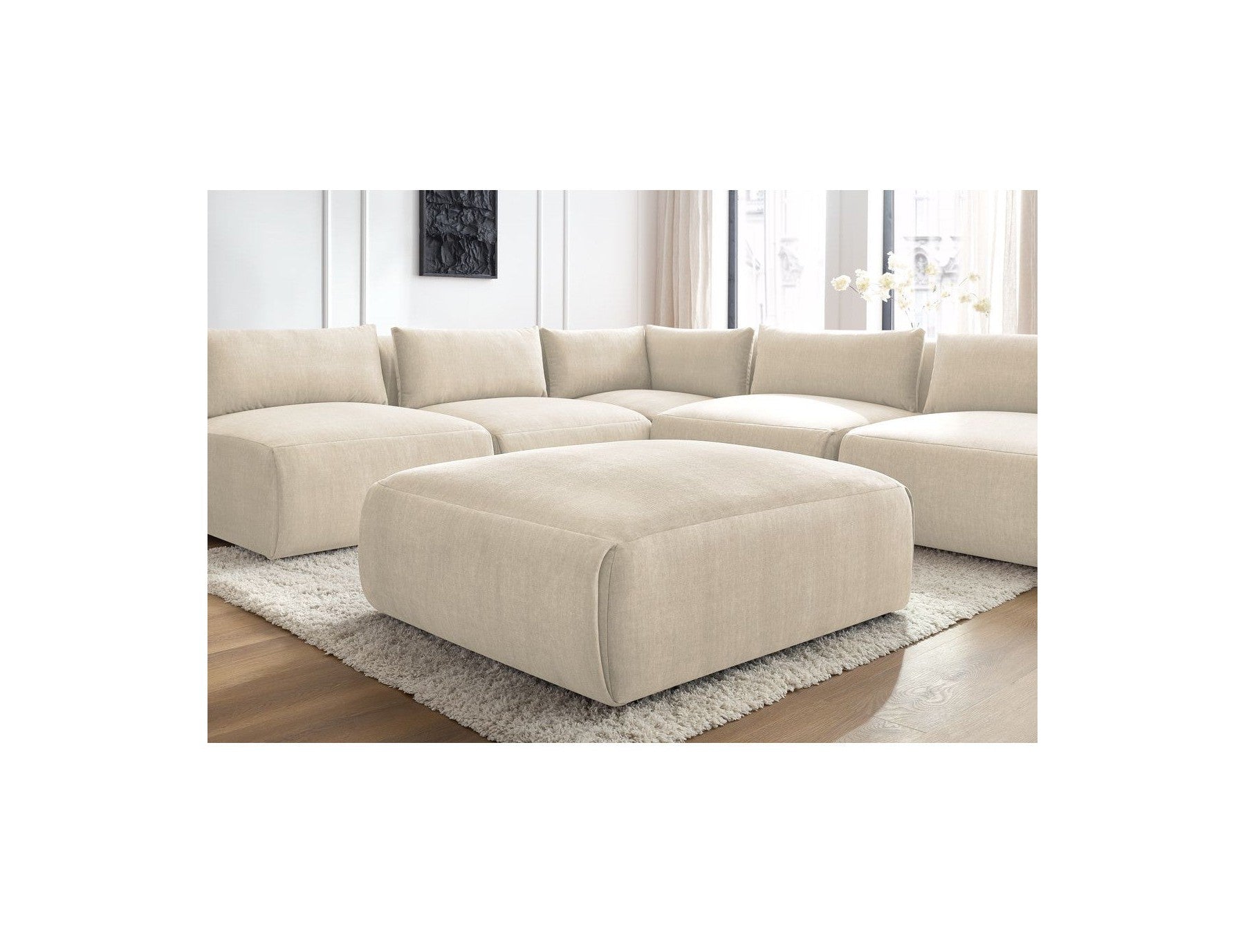 Canapé D'Angle Fixe Modulable Jeanne Tissu Velours Avec 4 Chauffeuses, 1 Angle Et 1 Pouf