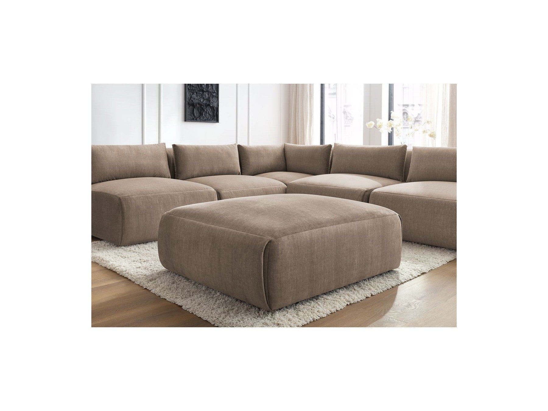Canapé D'Angle Fixe Modulable Jeanne Tissu Velours Avec 4 Chauffeuses, 1 Angle Et 1 Pouf