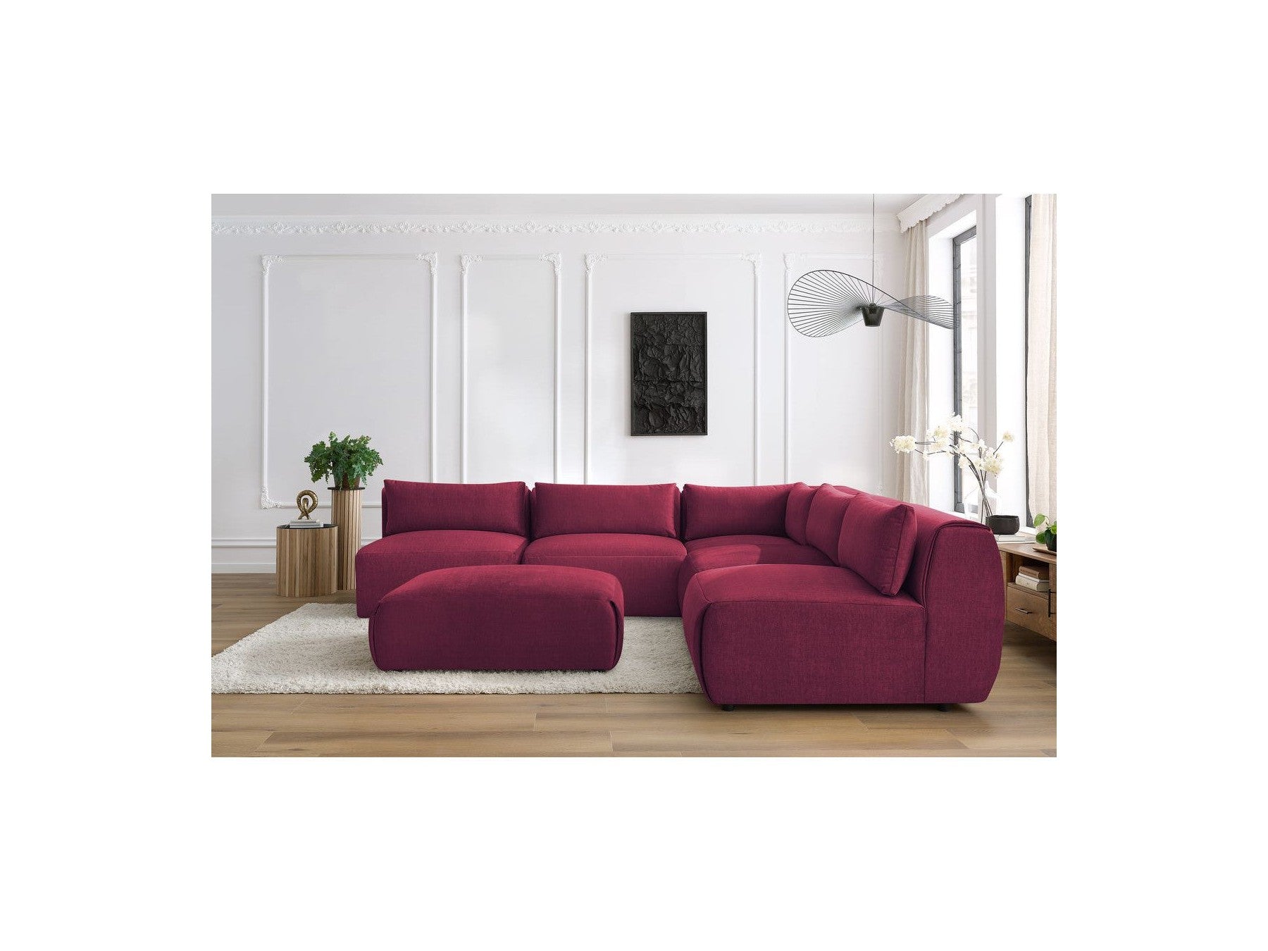 Canapé D'Angle Fixe Modulable Jeanne Tissu Velours Avec 4 Chauffeuses, 1 Angle Et 1 Pouf