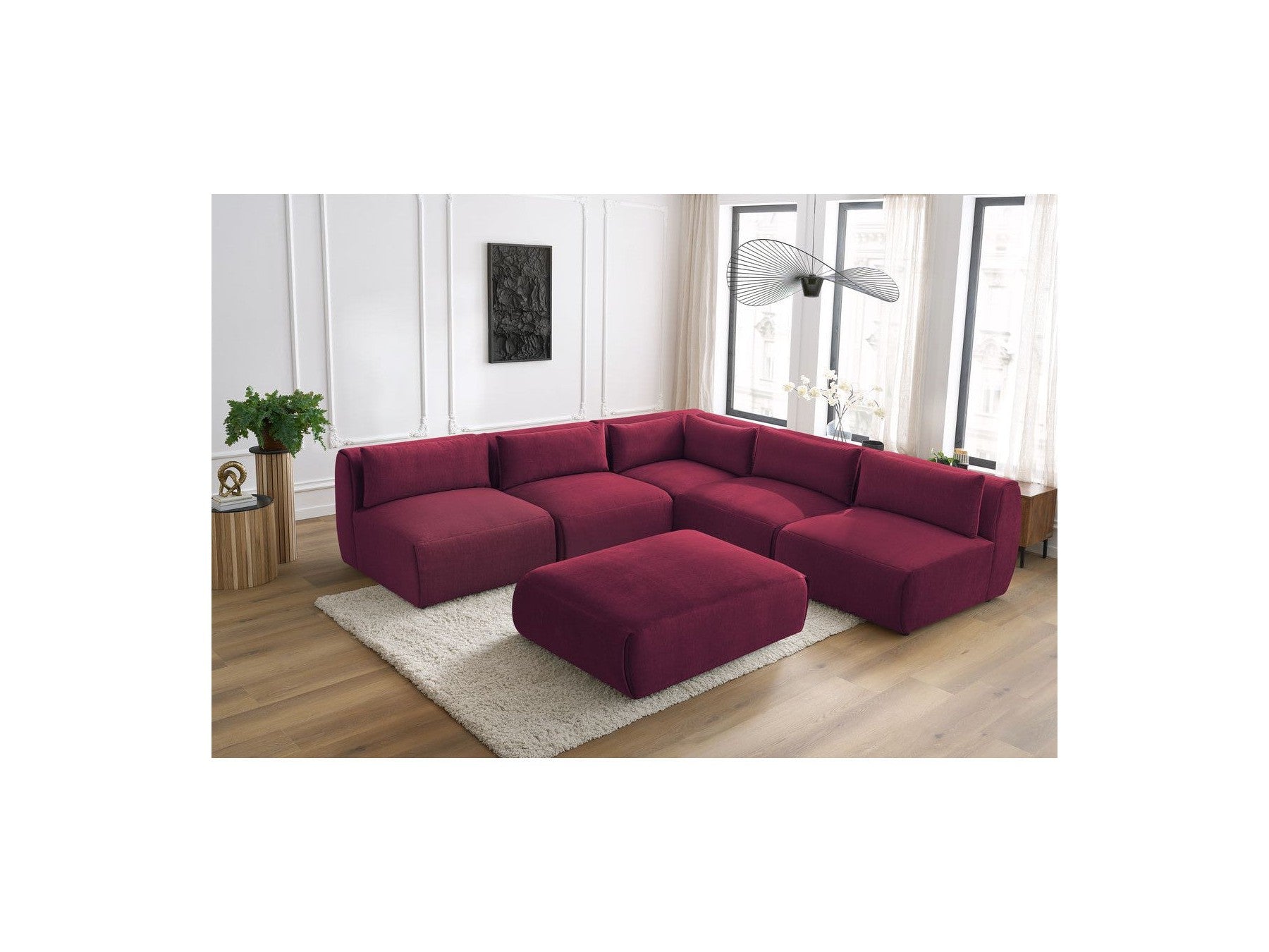 Canapé D'Angle Fixe Modulable Jeanne Tissu Velours Avec 4 Chauffeuses, 1 Angle Et 1 Pouf