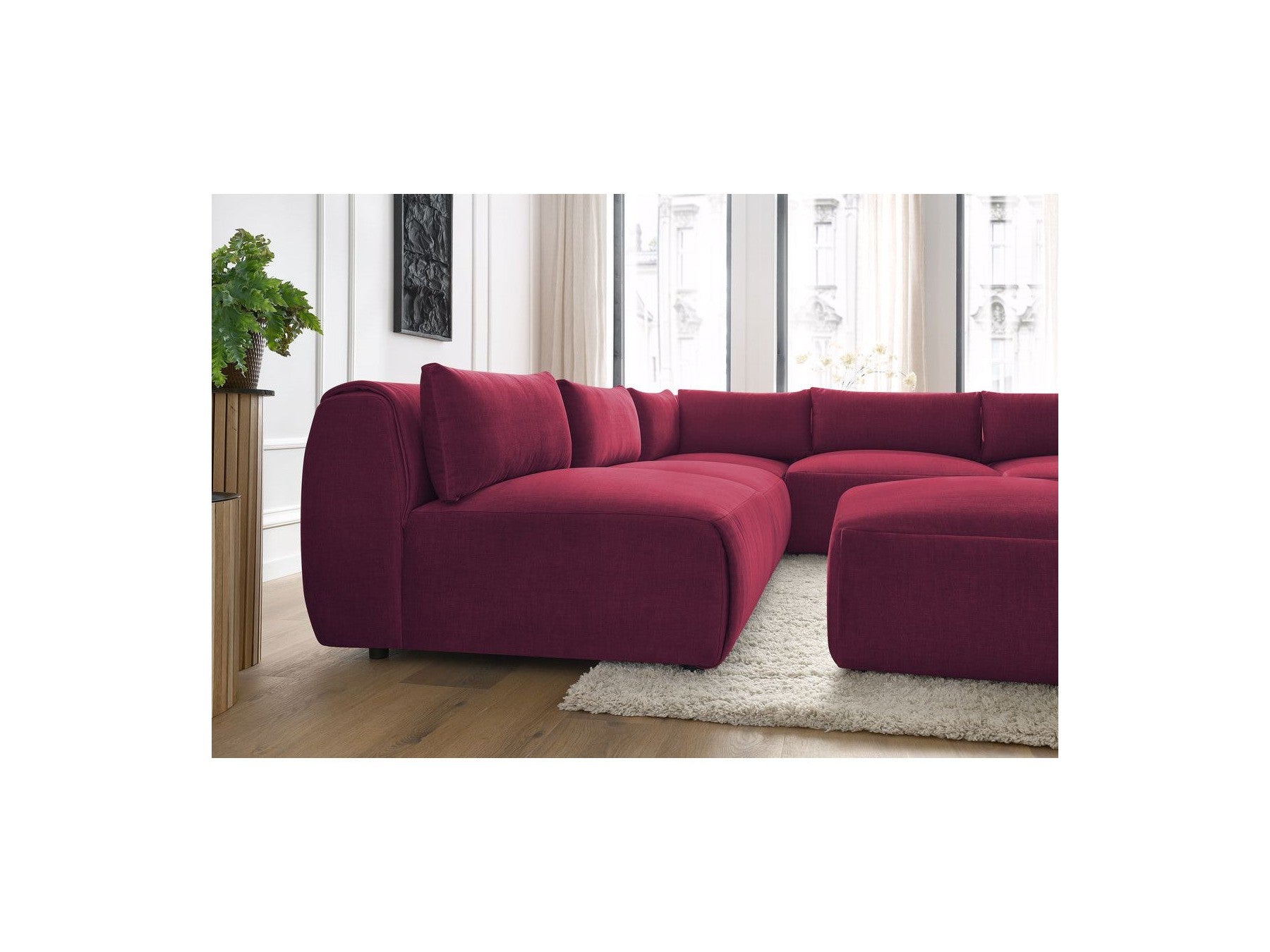 Canapé D'Angle Fixe Modulable Jeanne Tissu Velours Avec 4 Chauffeuses, 1 Angle Et 1 Pouf