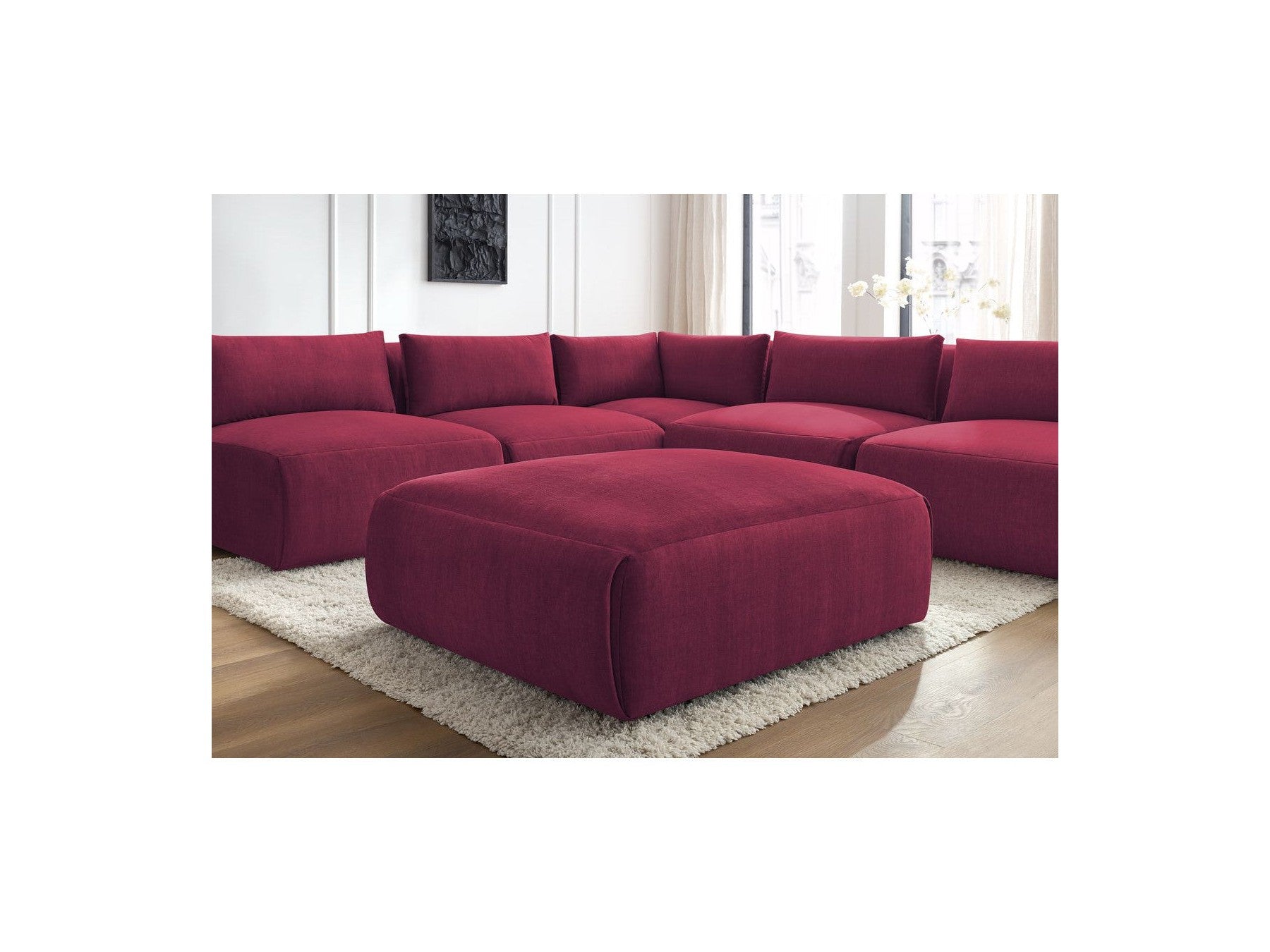 Canapé D'Angle Fixe Modulable Jeanne Tissu Velours Avec 4 Chauffeuses, 1 Angle Et 1 Pouf