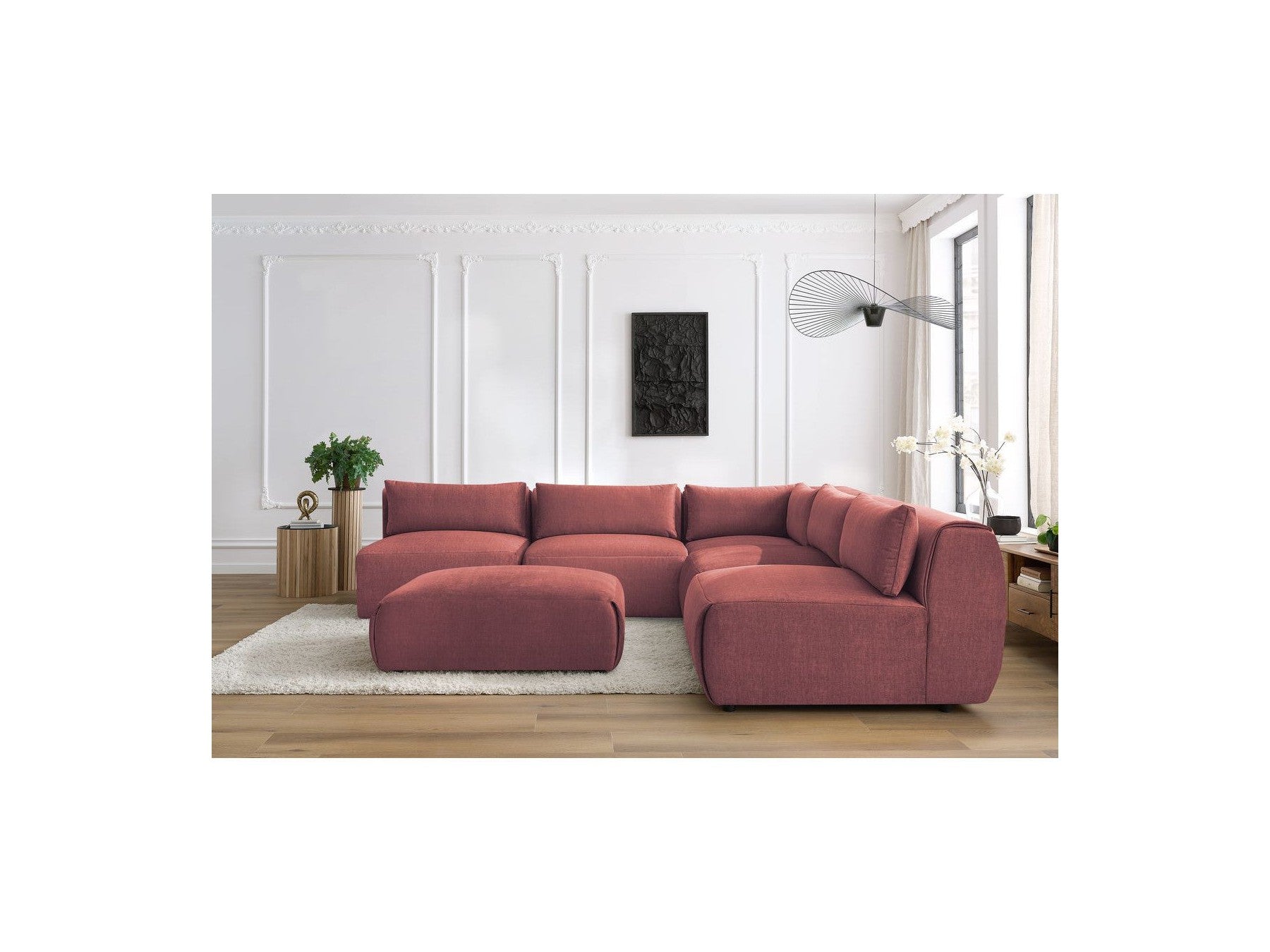 Canapé D'Angle Fixe Modulable Jeanne Tissu Velours Avec 4 Chauffeuses, 1 Angle Et 1 Pouf