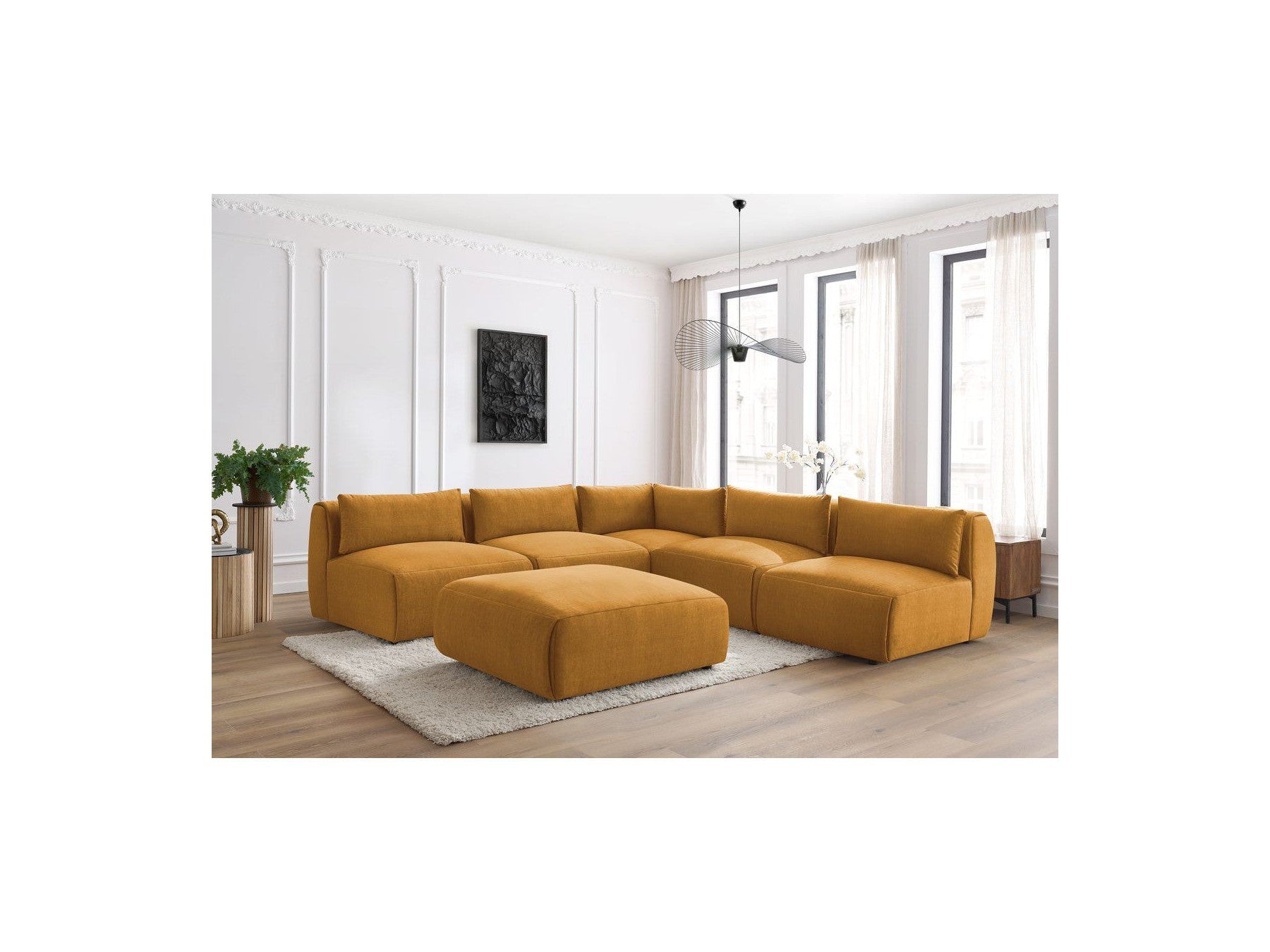 Canapé D'Angle Fixe Modulable Jeanne Tissu Velours Avec 4 Chauffeuses, 1 Angle Et 1 Pouf