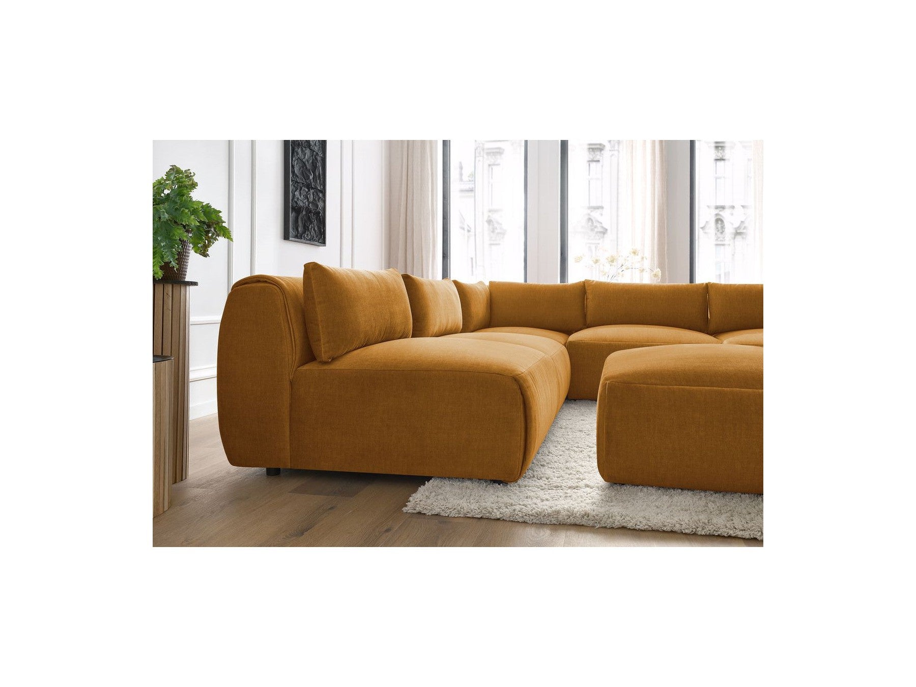 Canapé D'Angle Fixe Modulable Jeanne Tissu Velours Avec 4 Chauffeuses, 1 Angle Et 1 Pouf