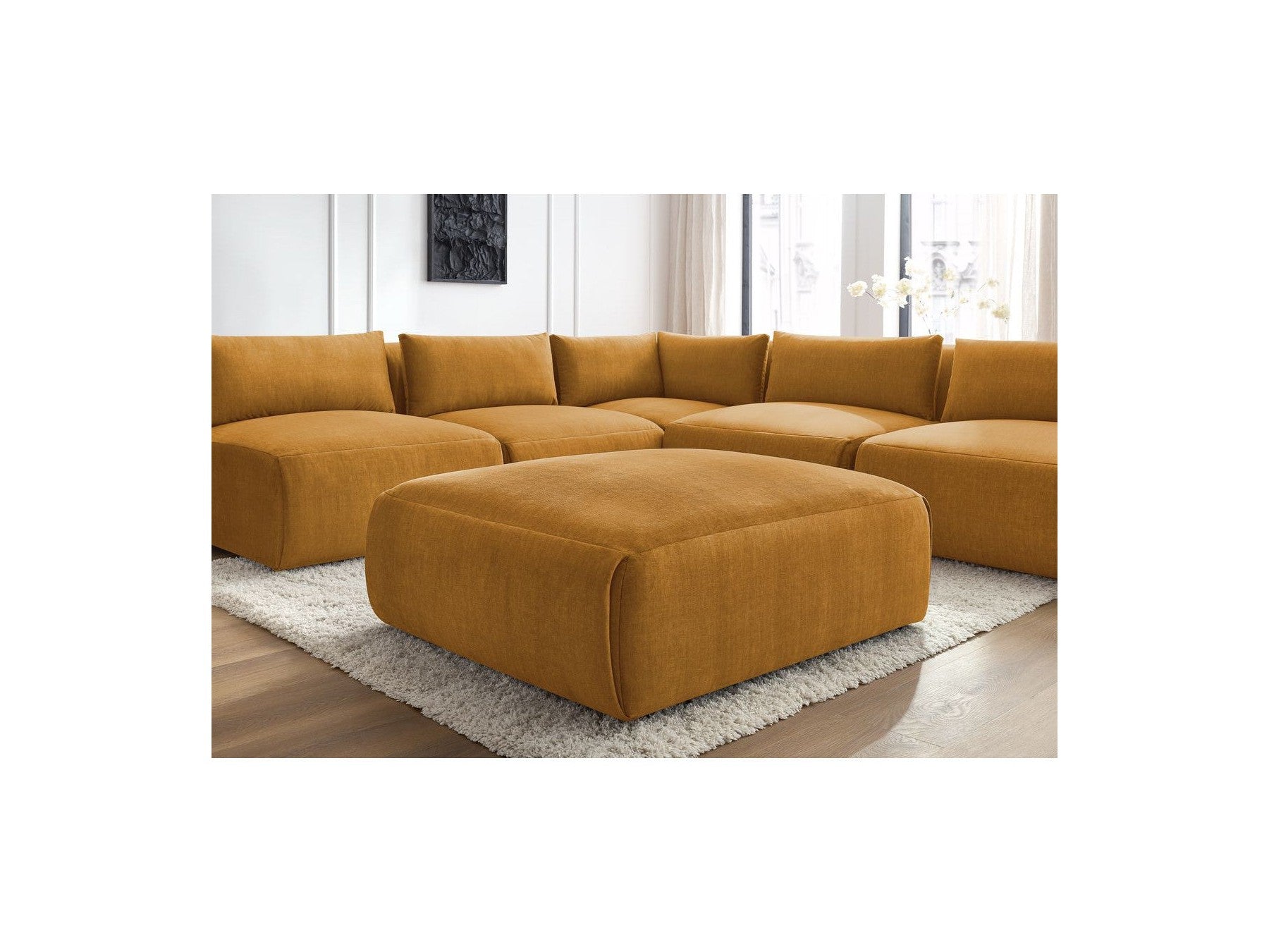 Canapé D'Angle Fixe Modulable Jeanne Tissu Velours Avec 4 Chauffeuses, 1 Angle Et 1 Pouf