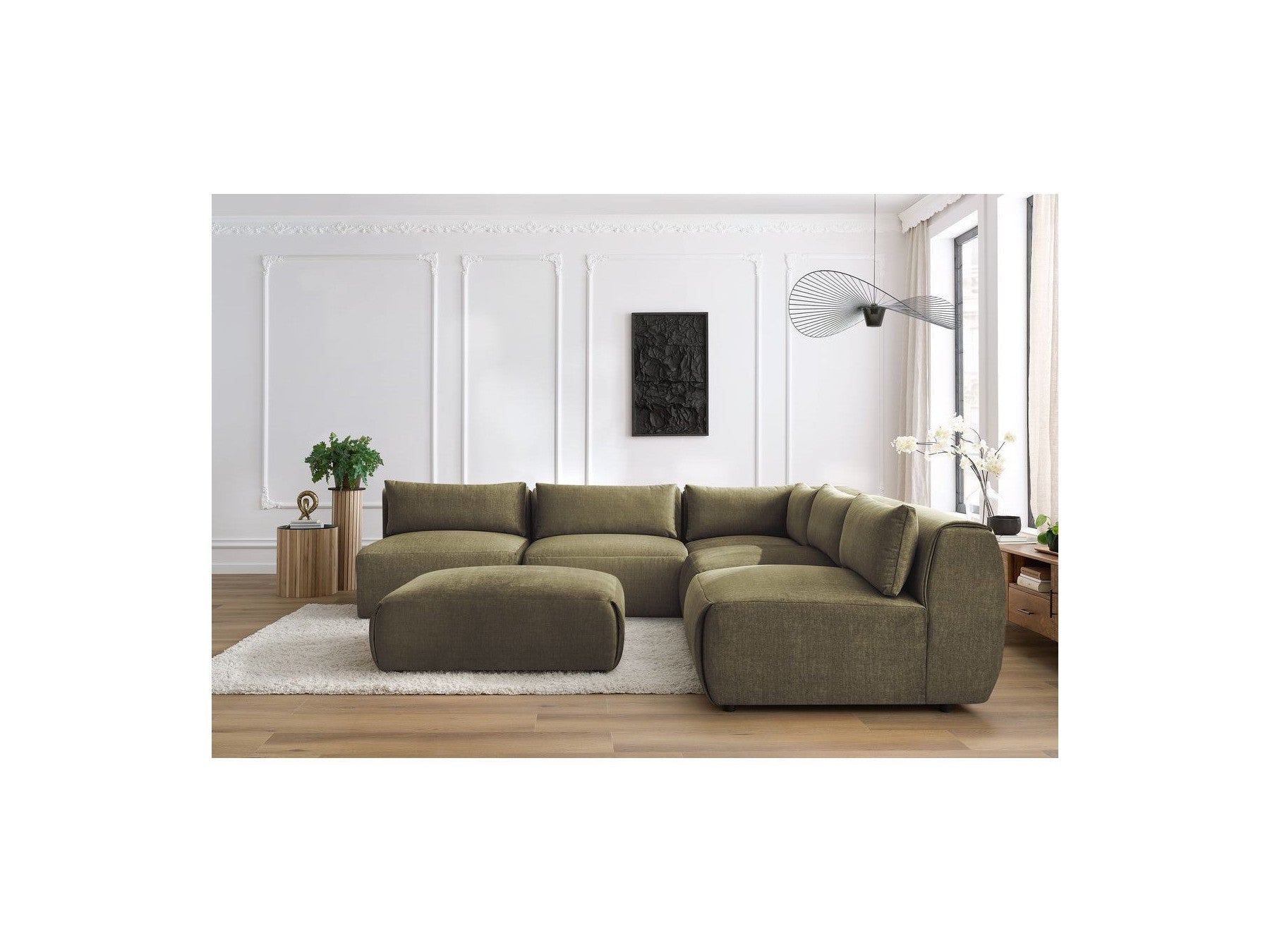 Canapé D'Angle Fixe Modulable Jeanne Tissu Velours Avec 4 Chauffeuses, 1 Angle Et 1 Pouf