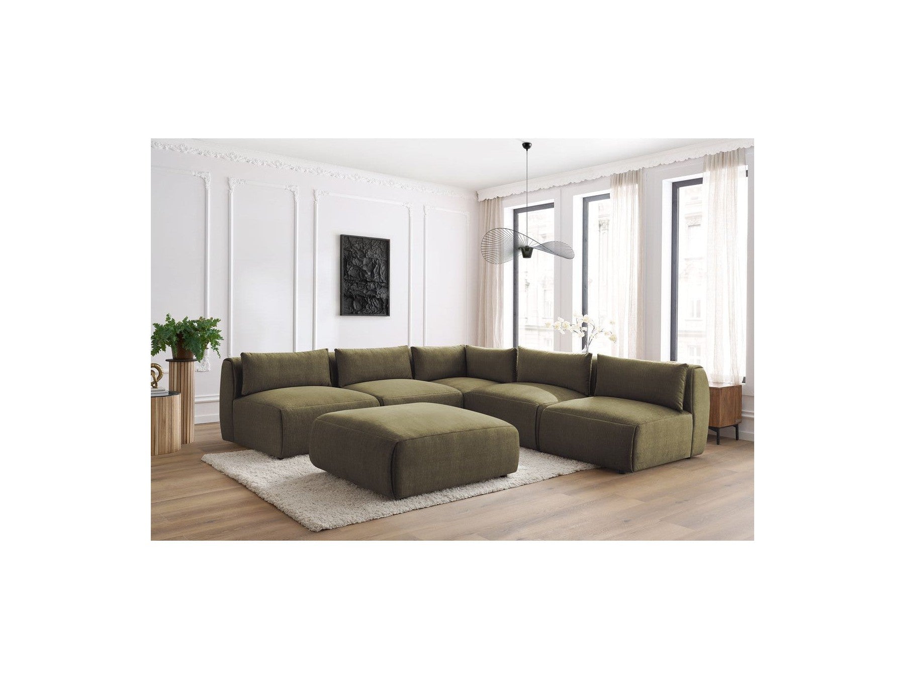 Canapé D'Angle Fixe Modulable Jeanne Tissu Velours Avec 4 Chauffeuses, 1 Angle Et 1 Pouf