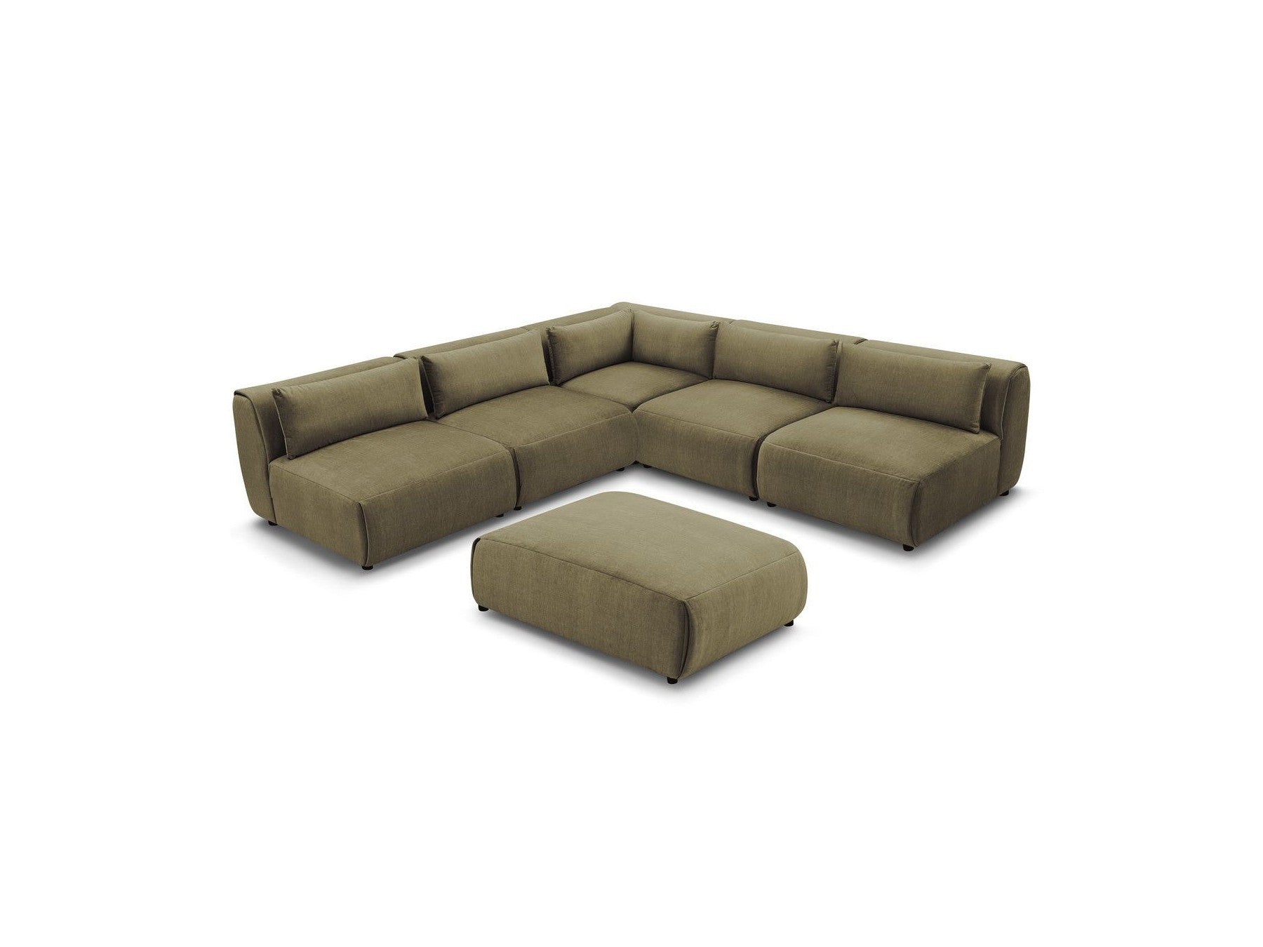 Canapé D'Angle Fixe Modulable Jeanne Tissu Velours Avec 4 Chauffeuses, 1 Angle Et 1 Pouf