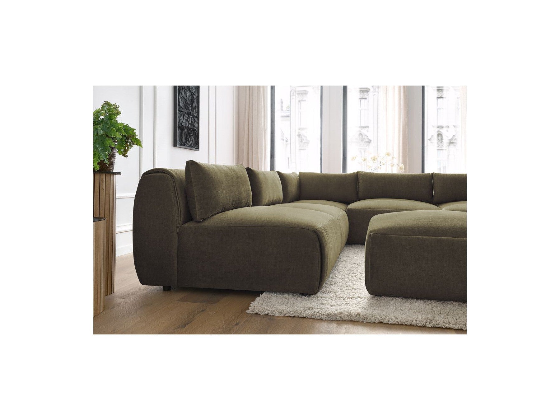 Canapé D'Angle Fixe Modulable Jeanne Tissu Velours Avec 4 Chauffeuses, 1 Angle Et 1 Pouf