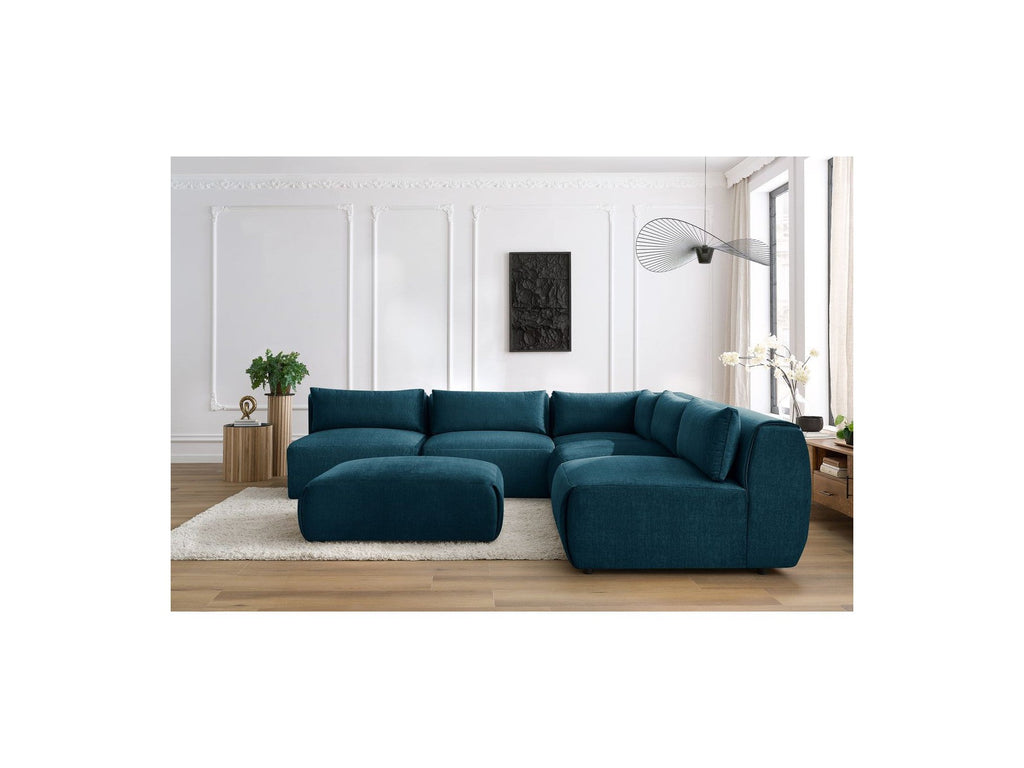Canapé D'Angle Fixe Modulable Jeanne Tissu Velours Avec 4 Chauffeuses, 1 Angle Et 1 Pouf