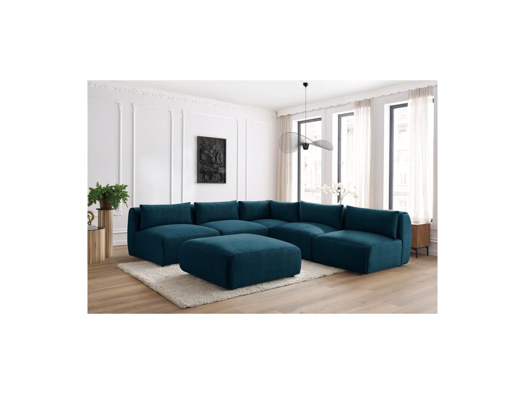 Canapé D'Angle Fixe Modulable Jeanne Tissu Velours Avec 4 Chauffeuses, 1 Angle Et 1 Pouf