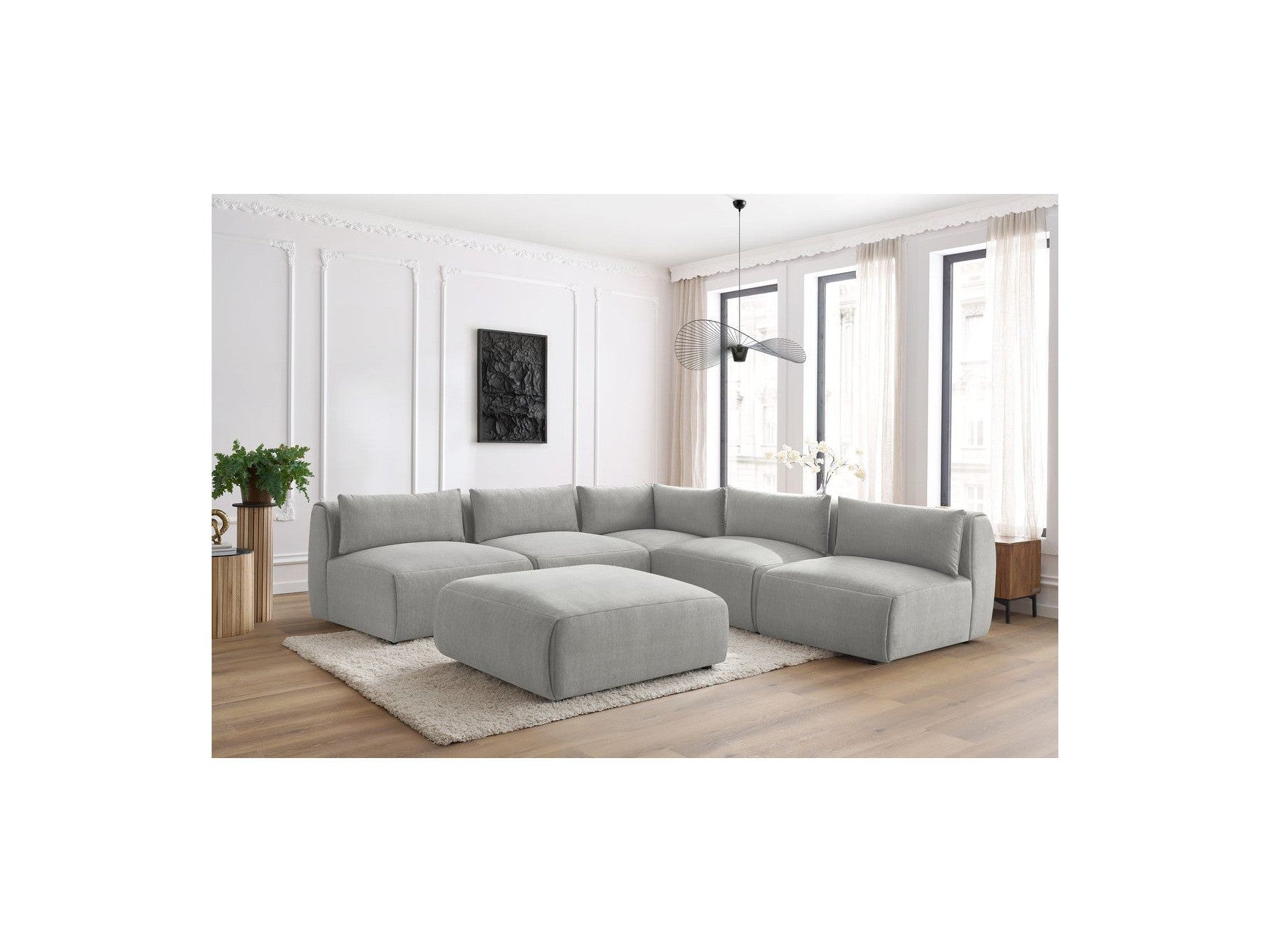 Canapé D'Angle Fixe Modulable Jeanne Tissu Velours Avec 4 Chauffeuses, 1 Angle Et 1 Pouf