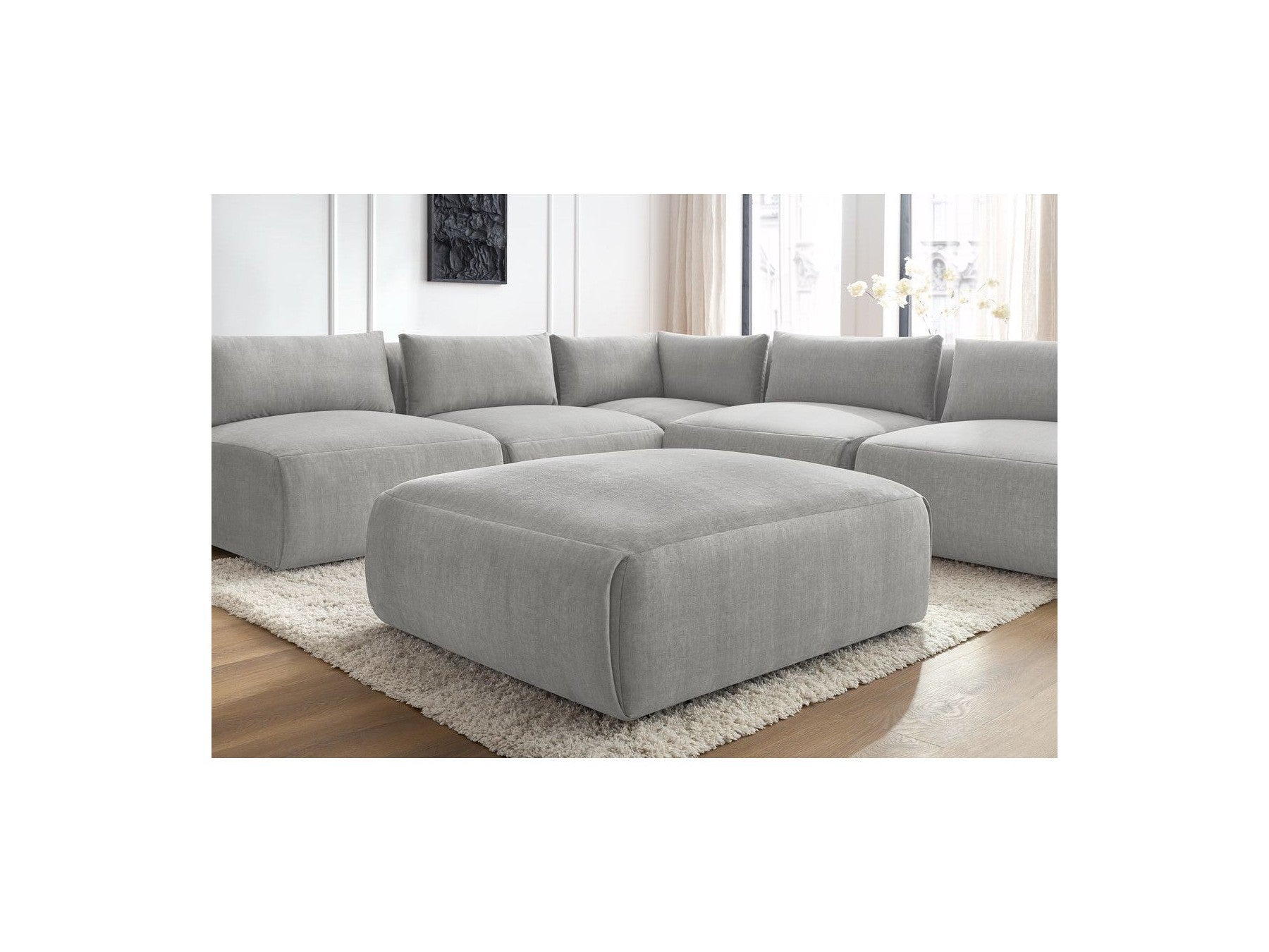 Canapé D'Angle Fixe Modulable Jeanne Tissu Velours Avec 4 Chauffeuses, 1 Angle Et 1 Pouf