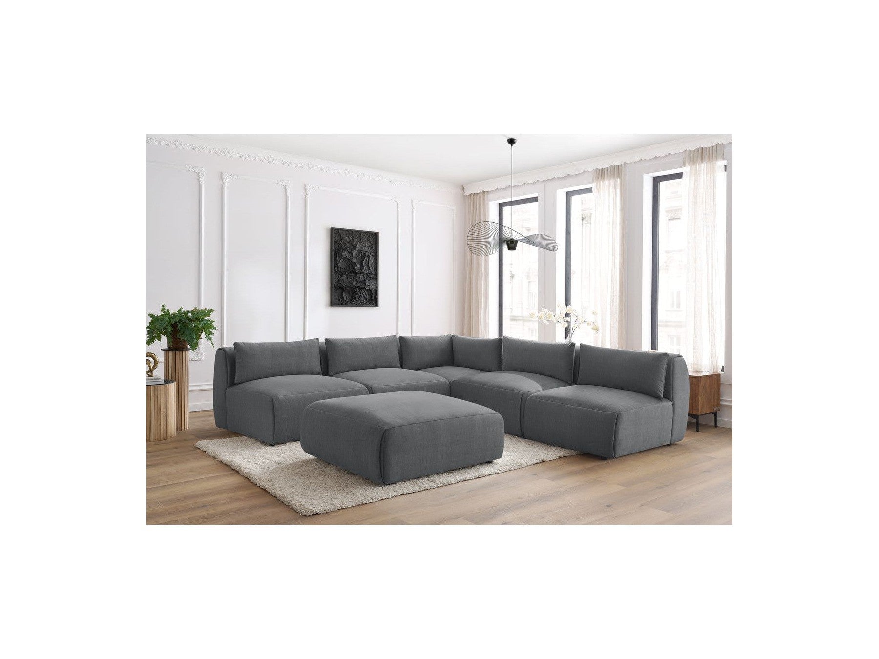 Canapé D'Angle Fixe Modulable Jeanne Tissu Velours Avec 4 Chauffeuses, 1 Angle Et 1 Pouf