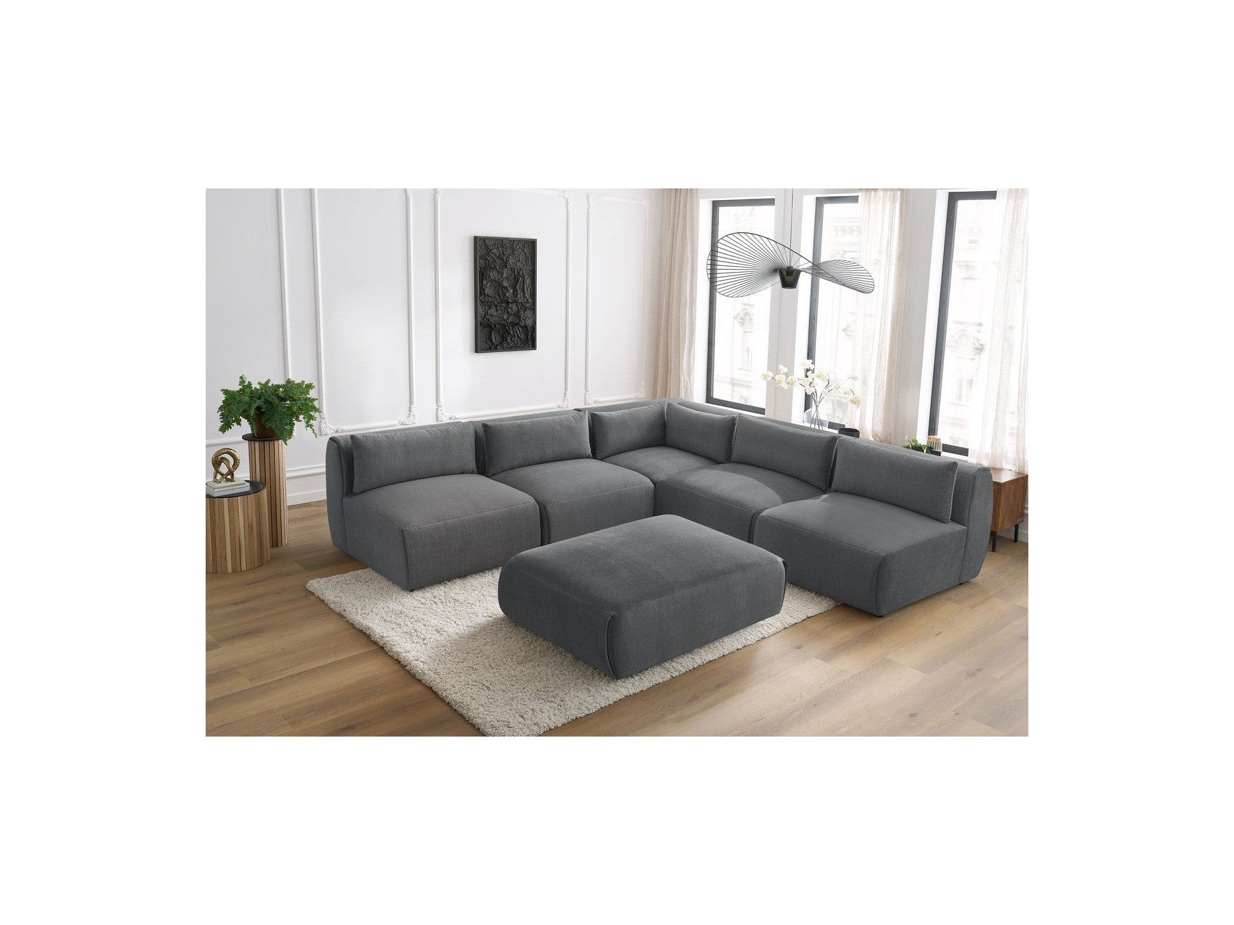 Canapé D'Angle Fixe Modulable Jeanne Tissu Velours Avec 4 Chauffeuses, 1 Angle Et 1 Pouf