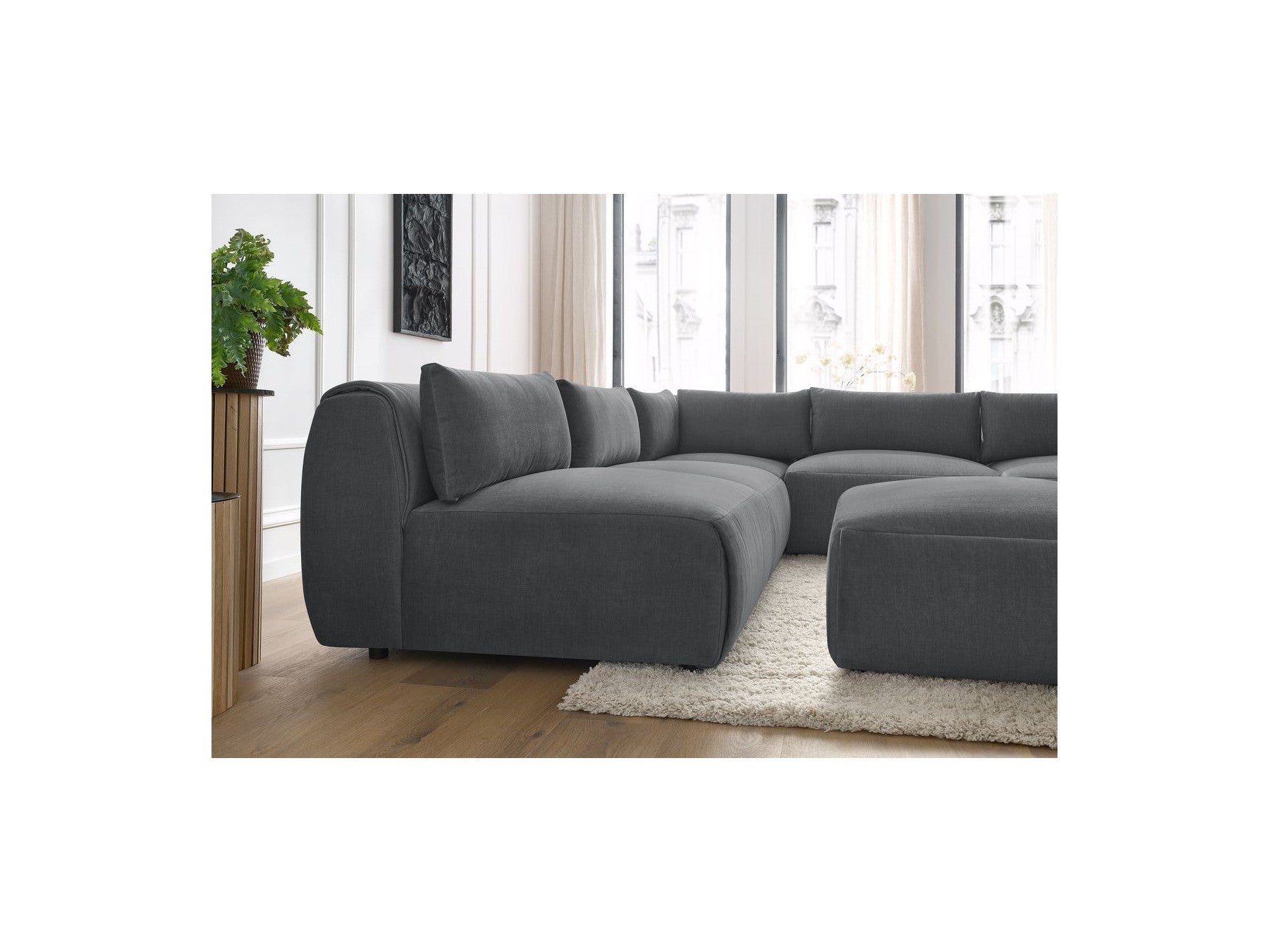 Canapé D'Angle Fixe Modulable Jeanne Tissu Velours Avec 4 Chauffeuses, 1 Angle Et 1 Pouf