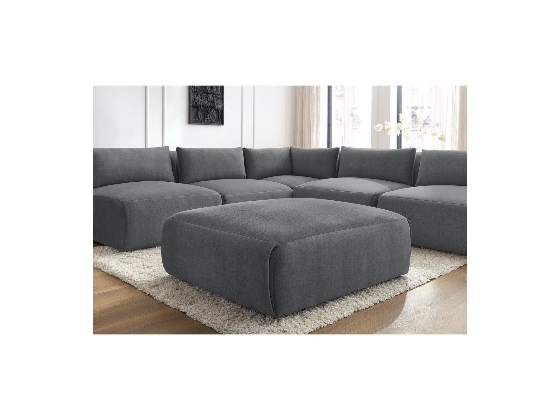 Canapé D'Angle Fixe Modulable Jeanne Tissu Velours Avec 4 Chauffeuses, 1 Angle Et 1 Pouf