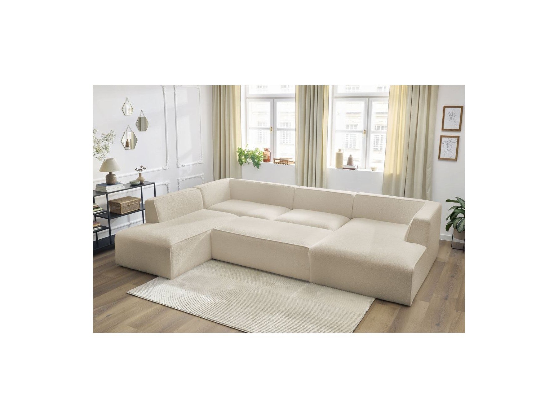 Fixed Panoramic Sofa - Megeve - With Pouffe - Bouclé Fabric - Right-Hand Corner