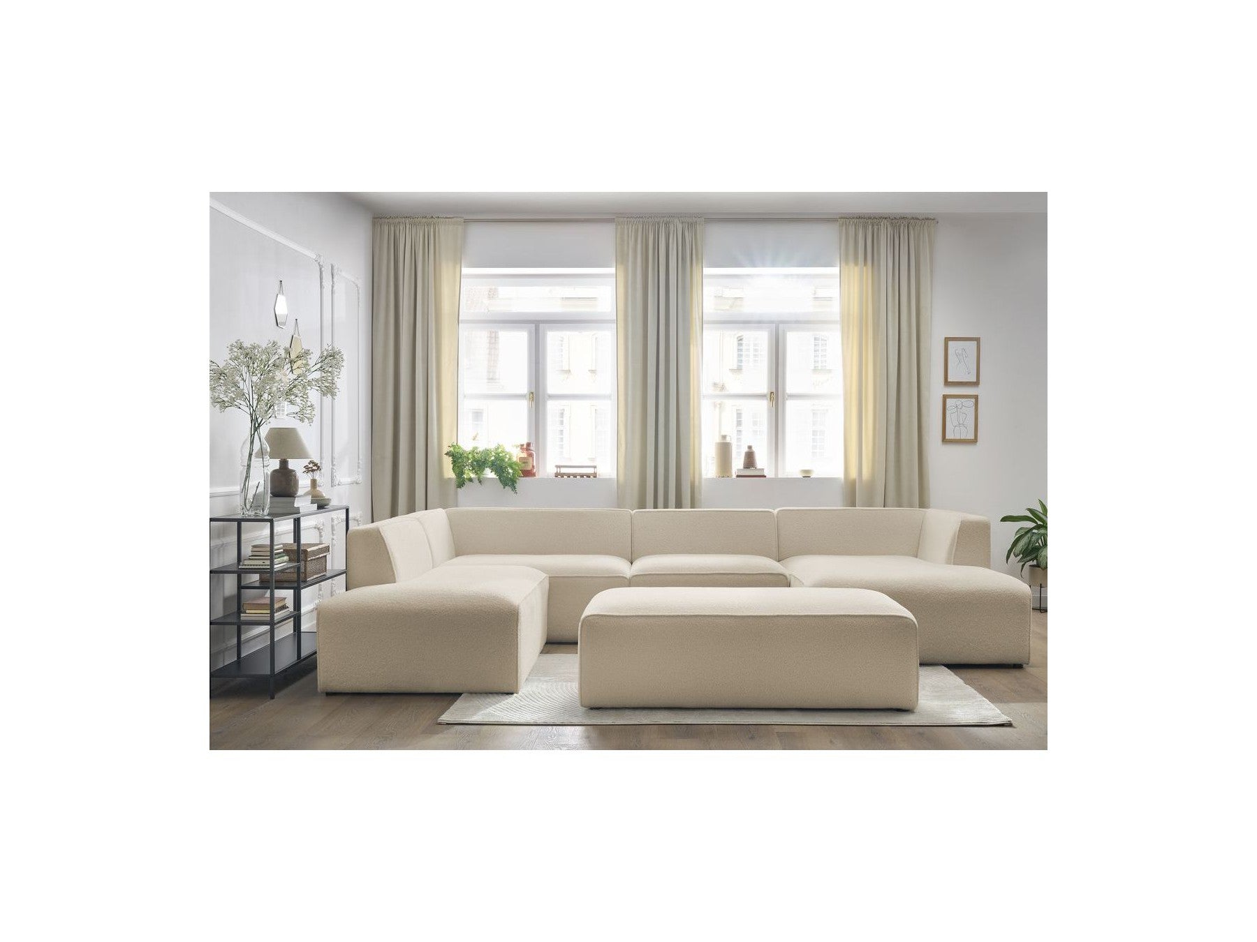 Fixed Panoramic Sofa - Megeve - With Pouffe - Bouclé Fabric - Right-Hand Corner
