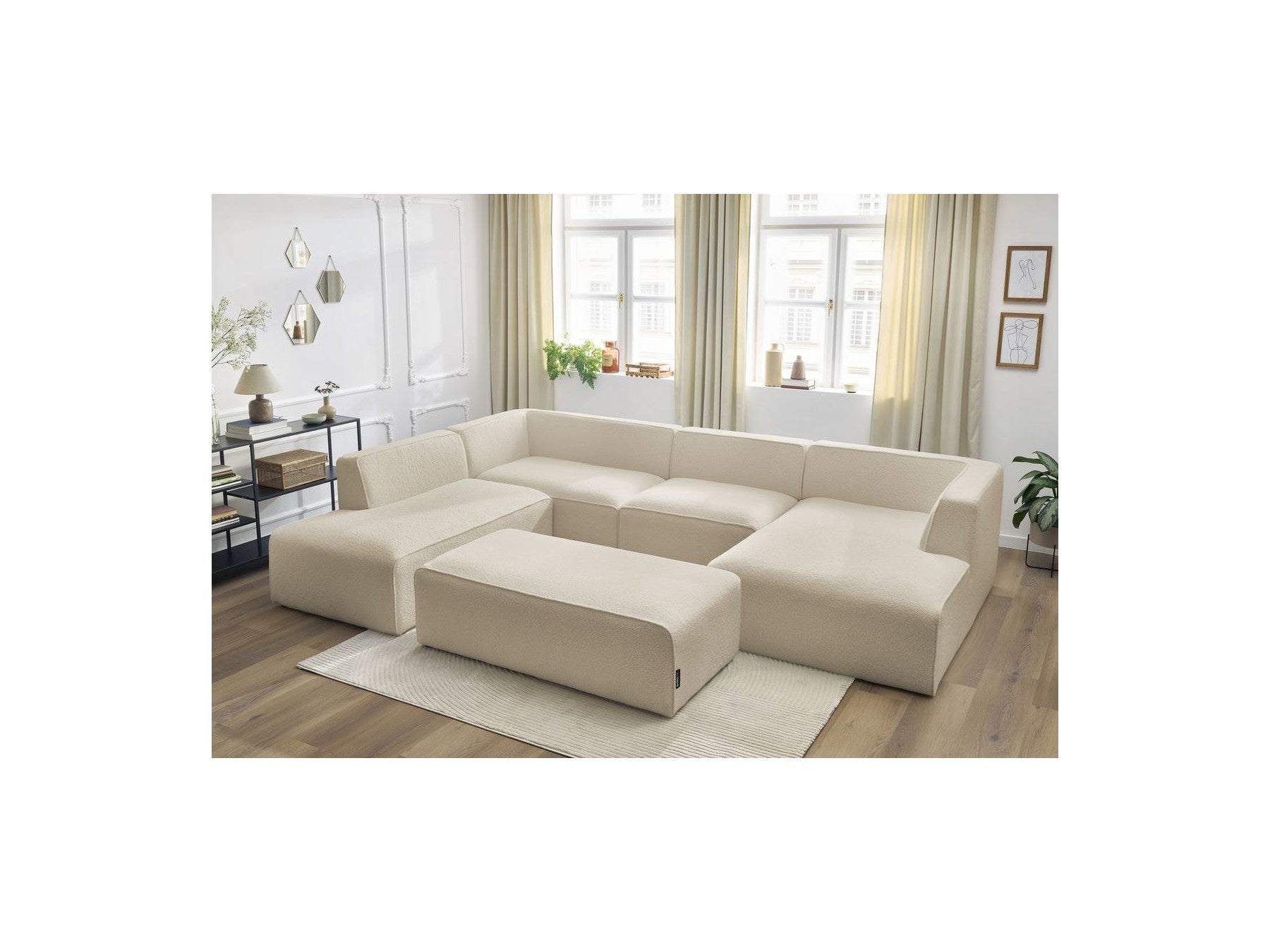 Fixed Panoramic Sofa - Megeve - With Pouffe - Bouclé Fabric - Right-Hand Corner