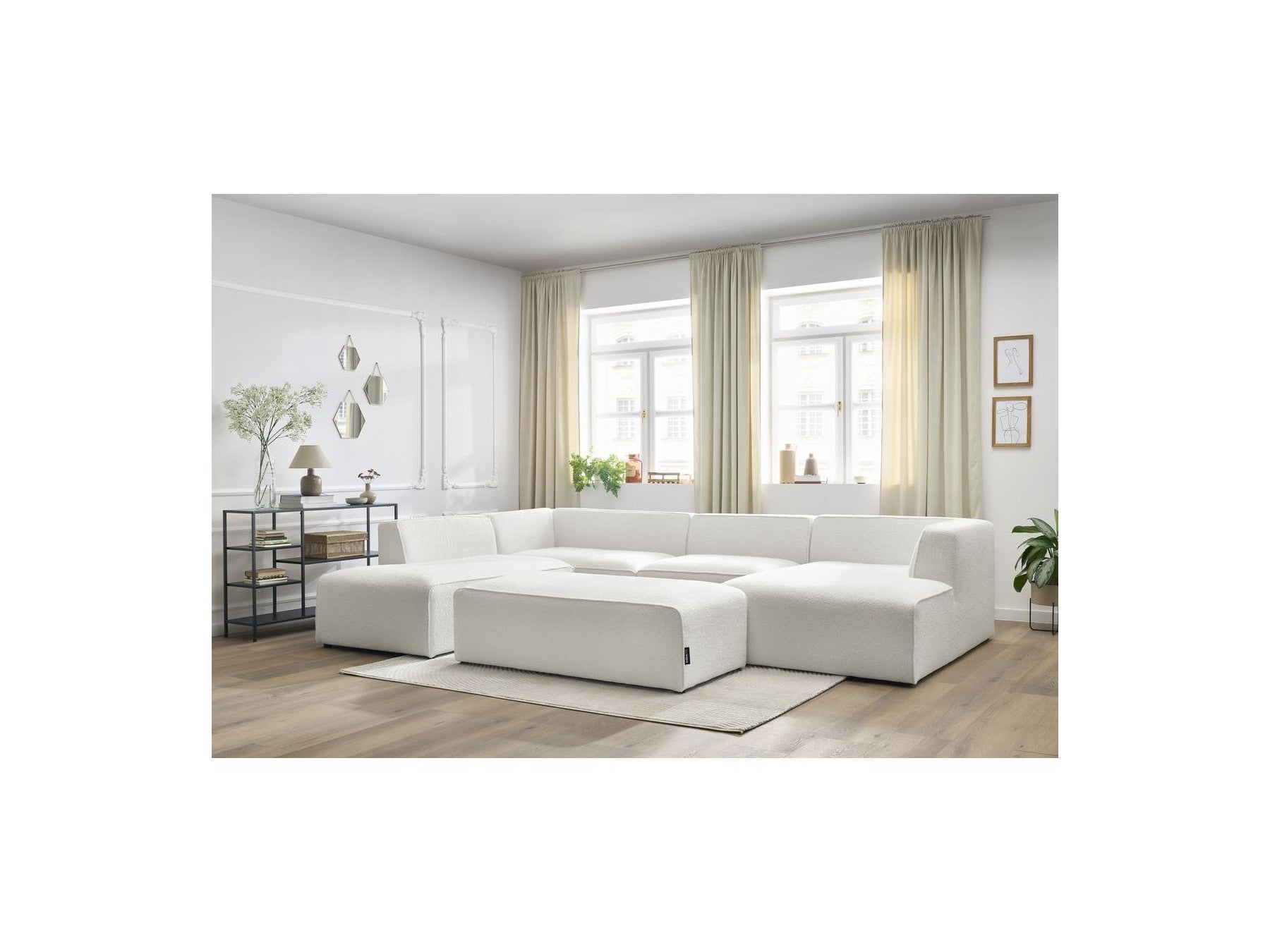 Fixed Panoramic Sofa - Megeve - With Pouffe - Bouclé Fabric - Right-Hand Corner