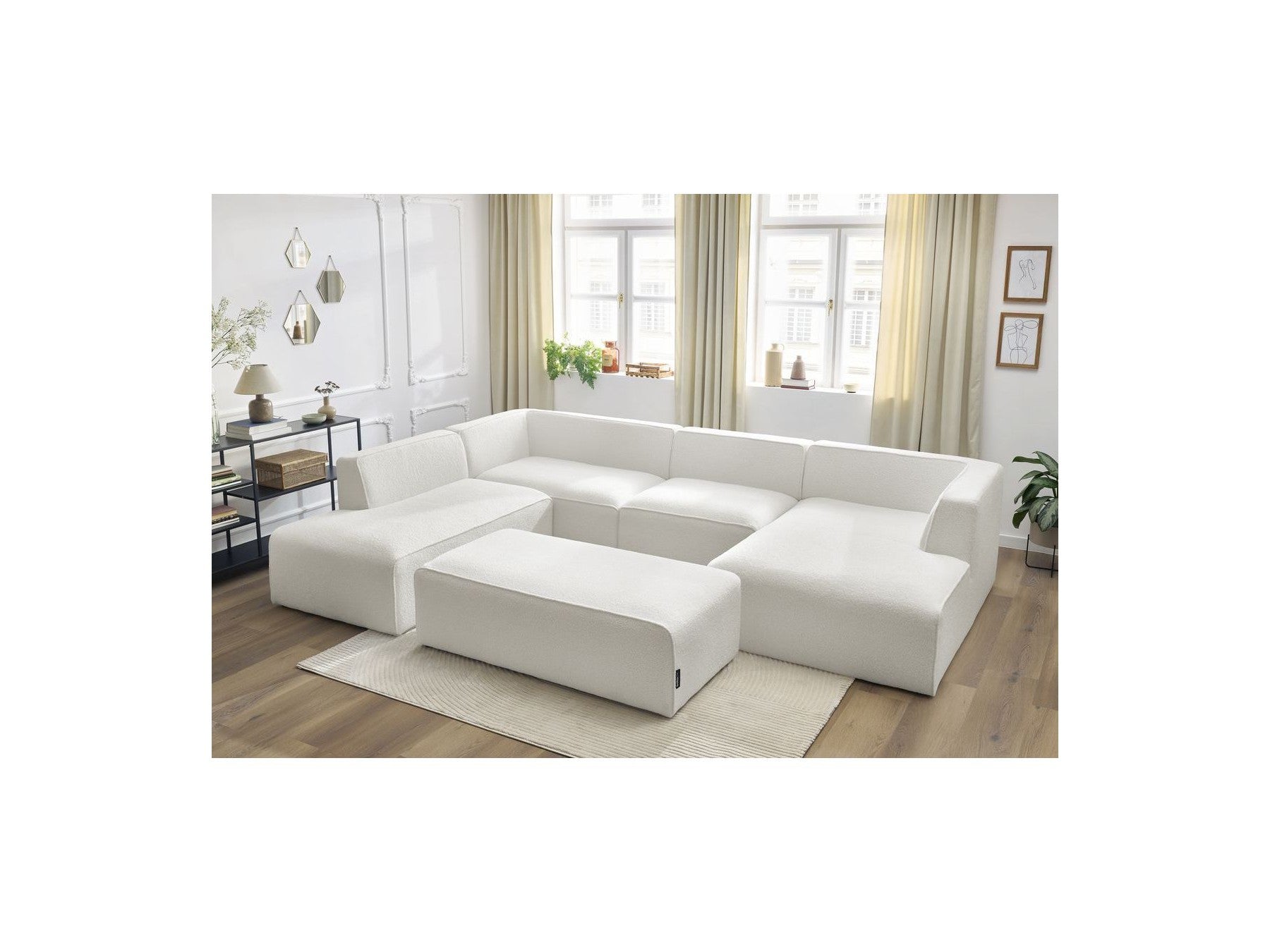 Fixed Panoramic Sofa - Megeve - With Pouffe - Bouclé Fabric - Right-Hand Corner