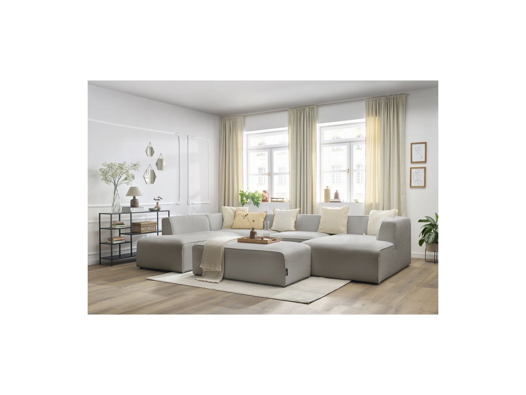 Fixed Panoramic Sofa - Megeve - With Pouffe - Bouclé Fabric - Right-Hand Corner