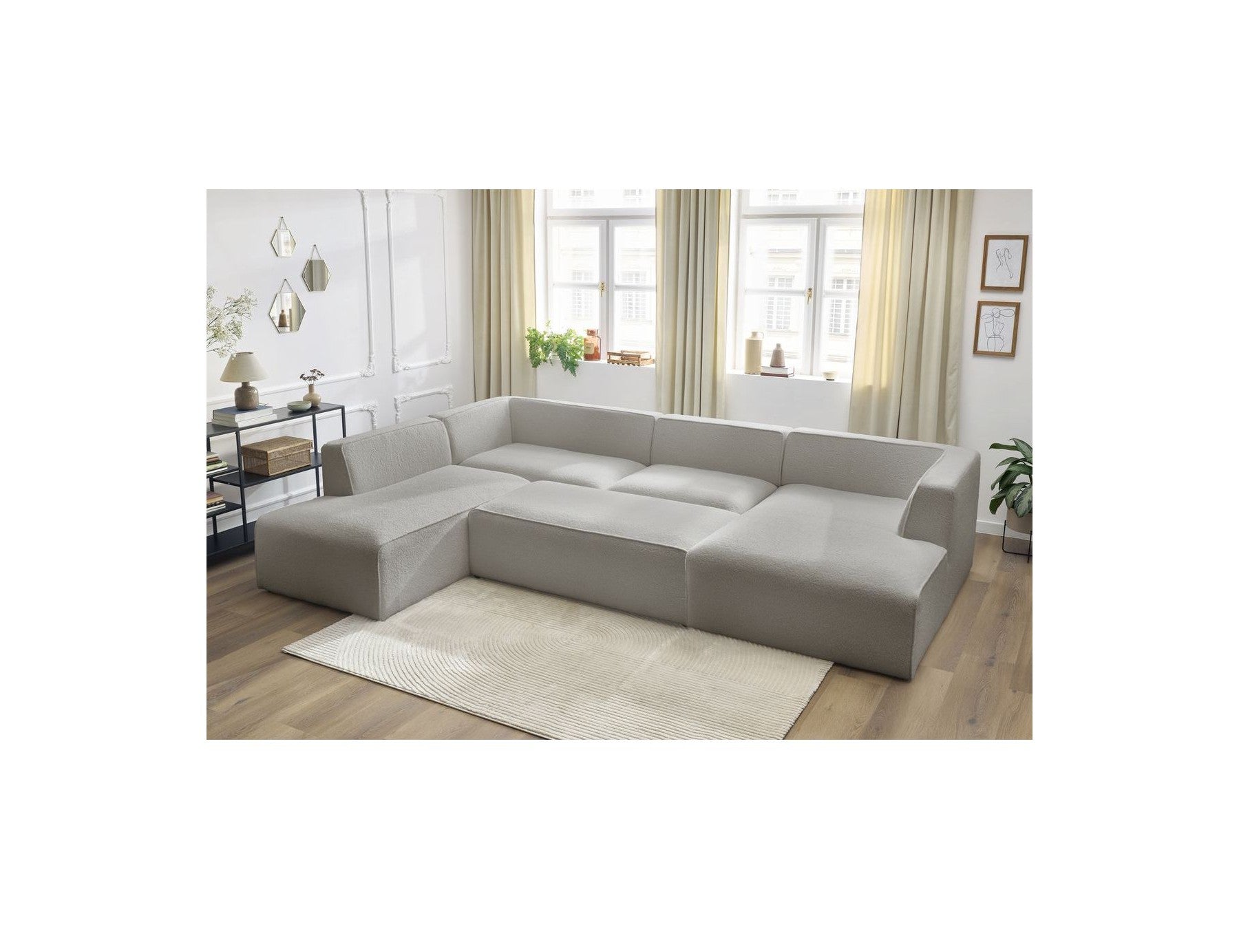 Fixed Panoramic Sofa - Megeve - With Pouffe - Bouclé Fabric - Right-Hand Corner