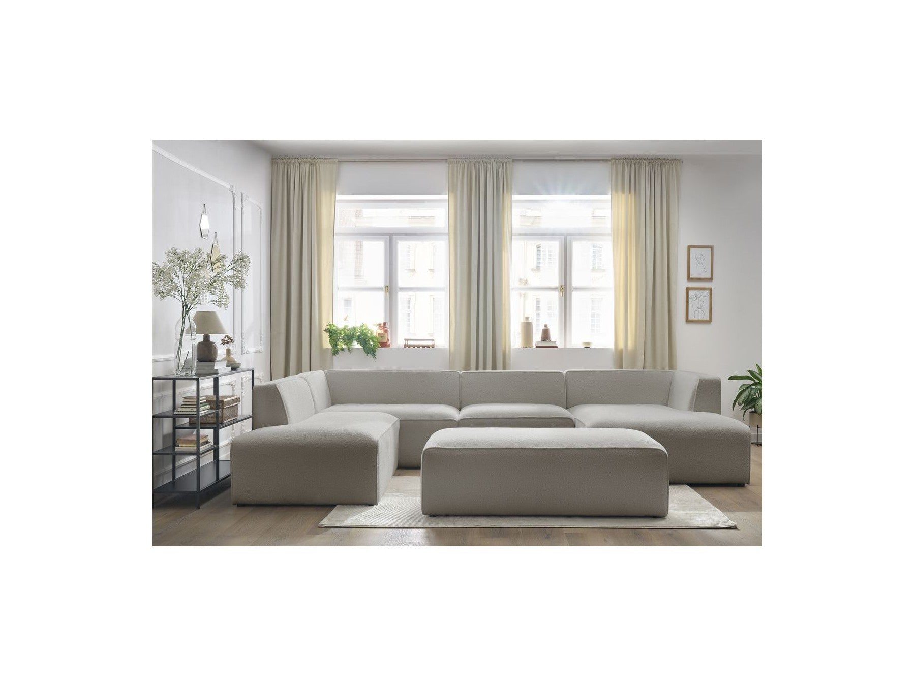 Fixed Panoramic Sofa - Megeve - With Pouffe - Bouclé Fabric - Right-Hand Corner