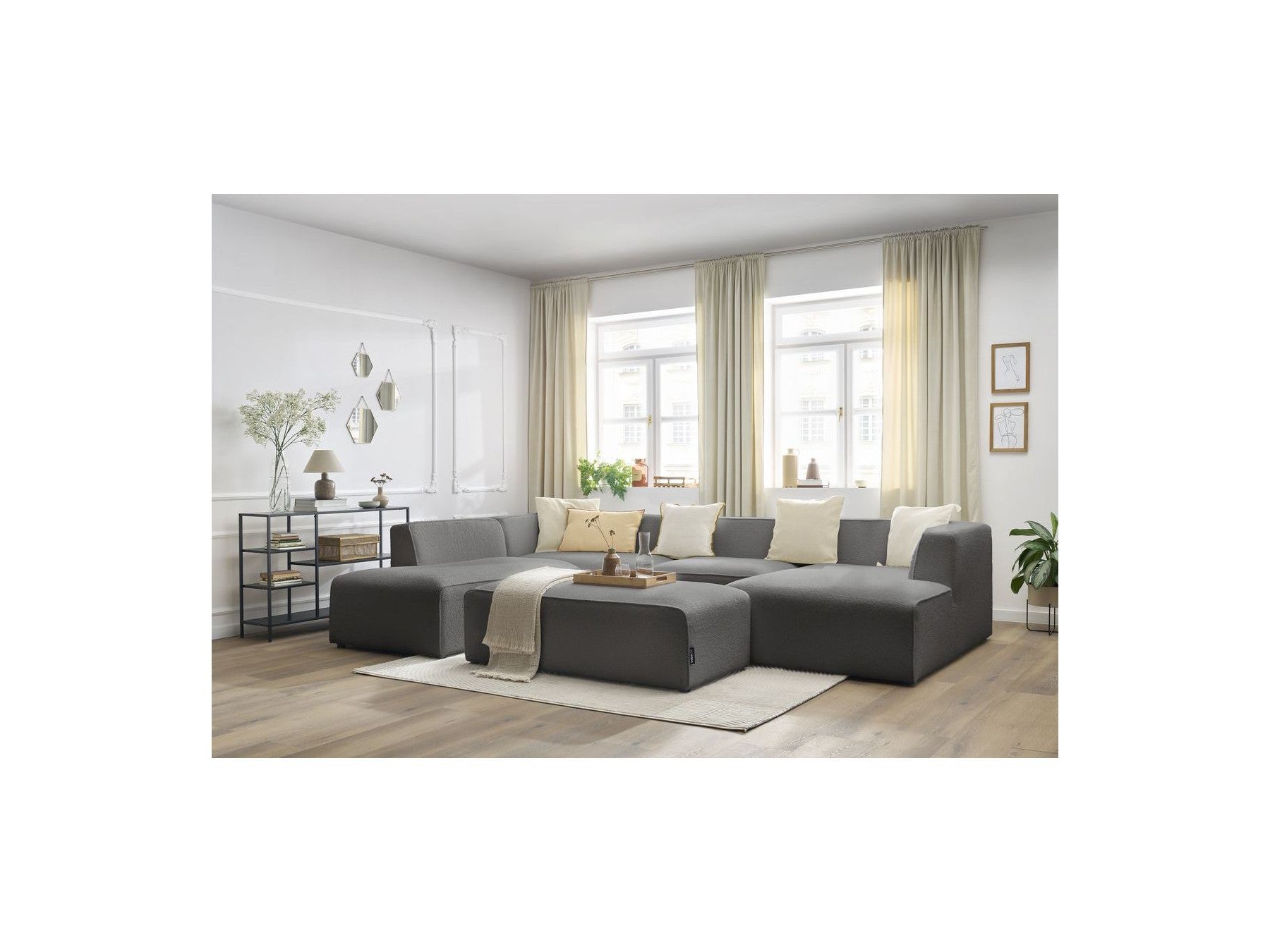 Fixed Panoramic Sofa - Megeve - With Pouffe - Bouclé Fabric - Right-Hand Corner