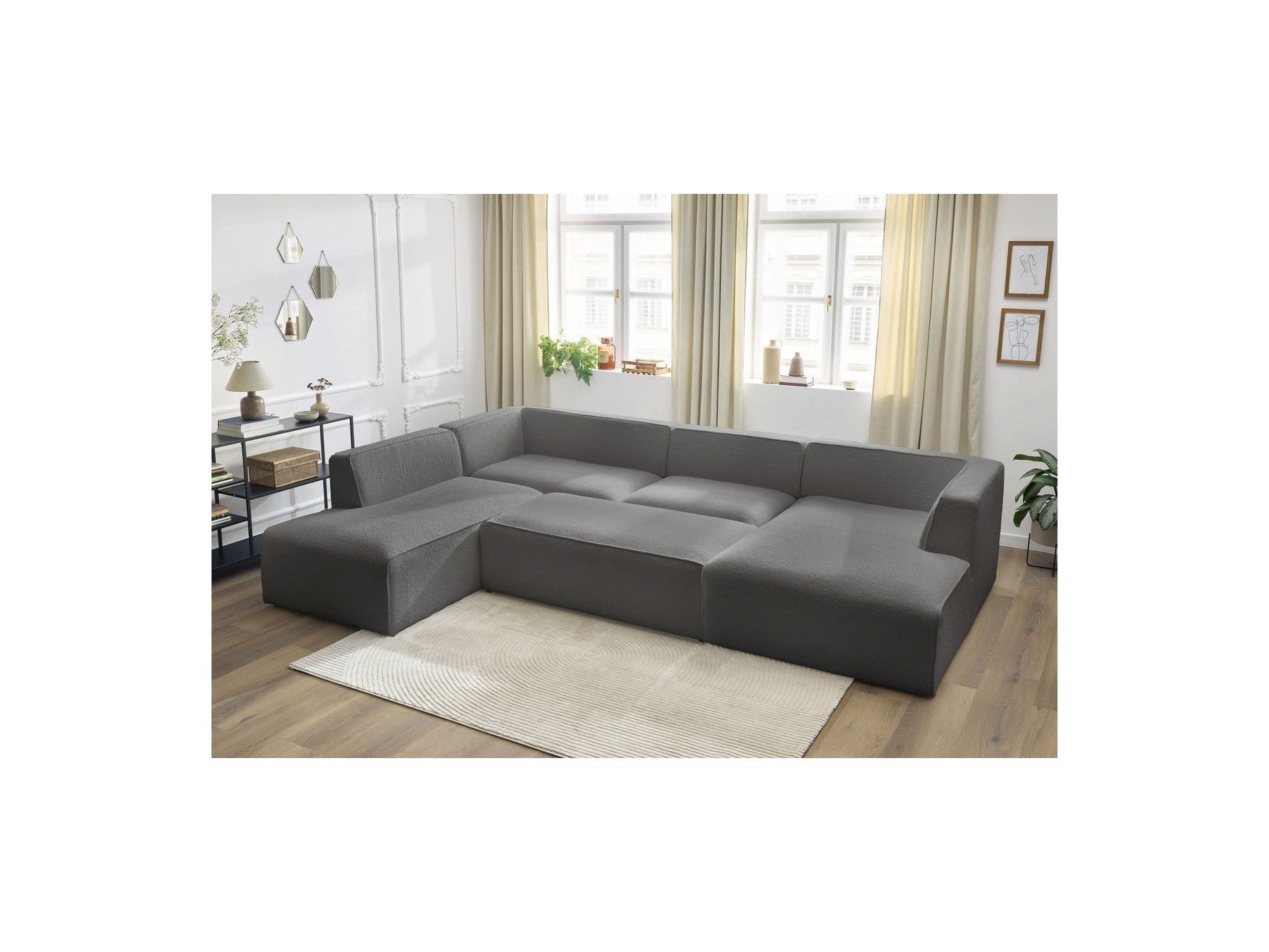 Fixed Panoramic Sofa - Megeve - With Pouffe - Bouclé Fabric - Right-Hand Corner