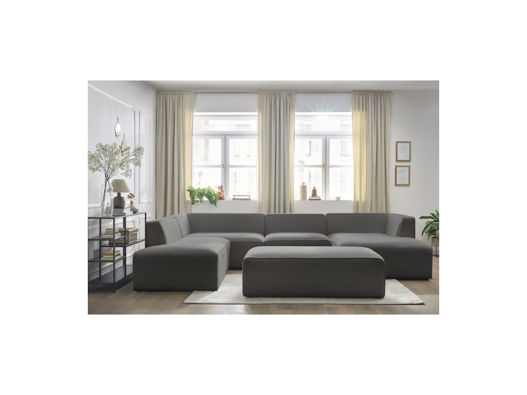 Fixed Panoramic Sofa - Megeve - With Pouffe - Bouclé Fabric - Right-Hand Corner
