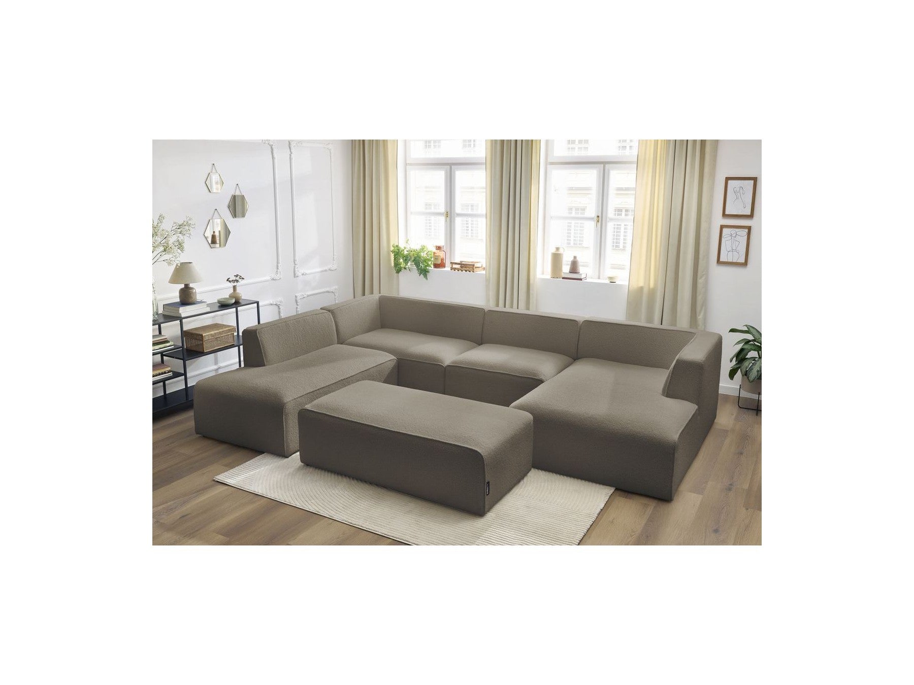 Fixed Panoramic Sofa - Megeve - With Pouffe - Bouclé Fabric - Right-Hand Corner