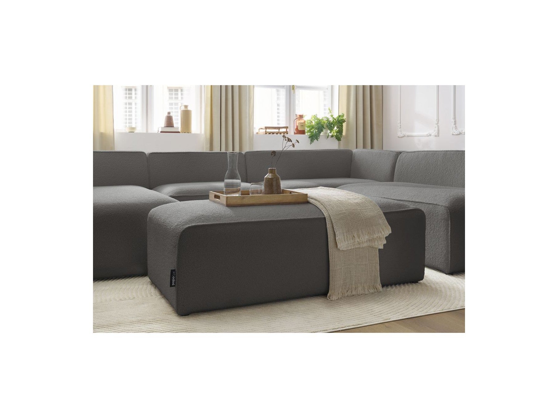 Canapé Panoramique Fixe - Megeve - Avec Pouf - Tissu Bouclette - Angle Gauche