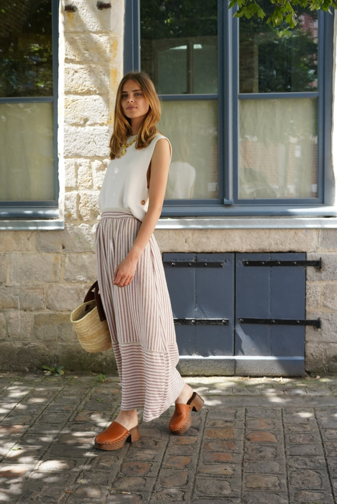 Anna Stripe Skirt Ecru/Raspberry