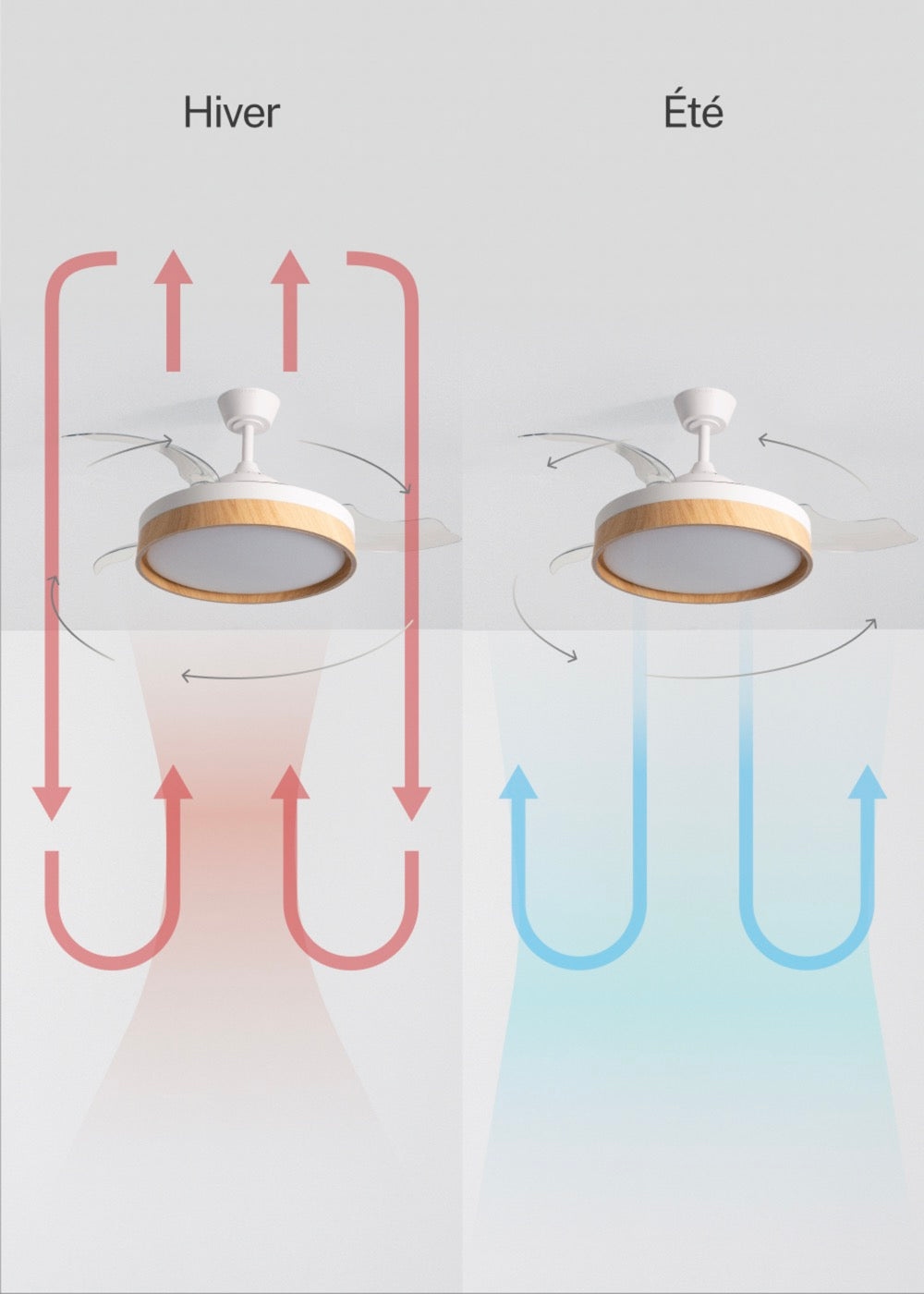 Wind Clear Edge - Ventilateur De Plafond Silencieux 40W Avec Pales Rétractables Et Lumière Led - Blanc/Bois Clair