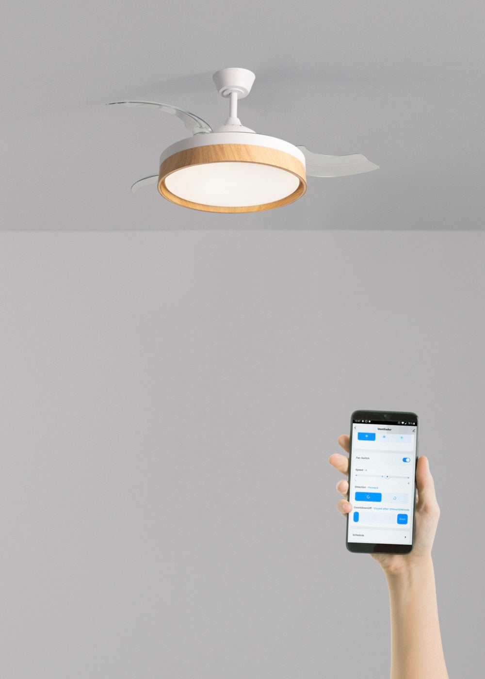 Wind Clear Edge - Ventilateur De Plafond Silencieux 40W Avec Pales Rétractables Et Lumière Led - Blanc/Bois Clair