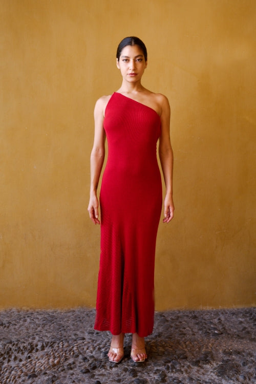 Backless Chain-Strap Knit Dress – Red