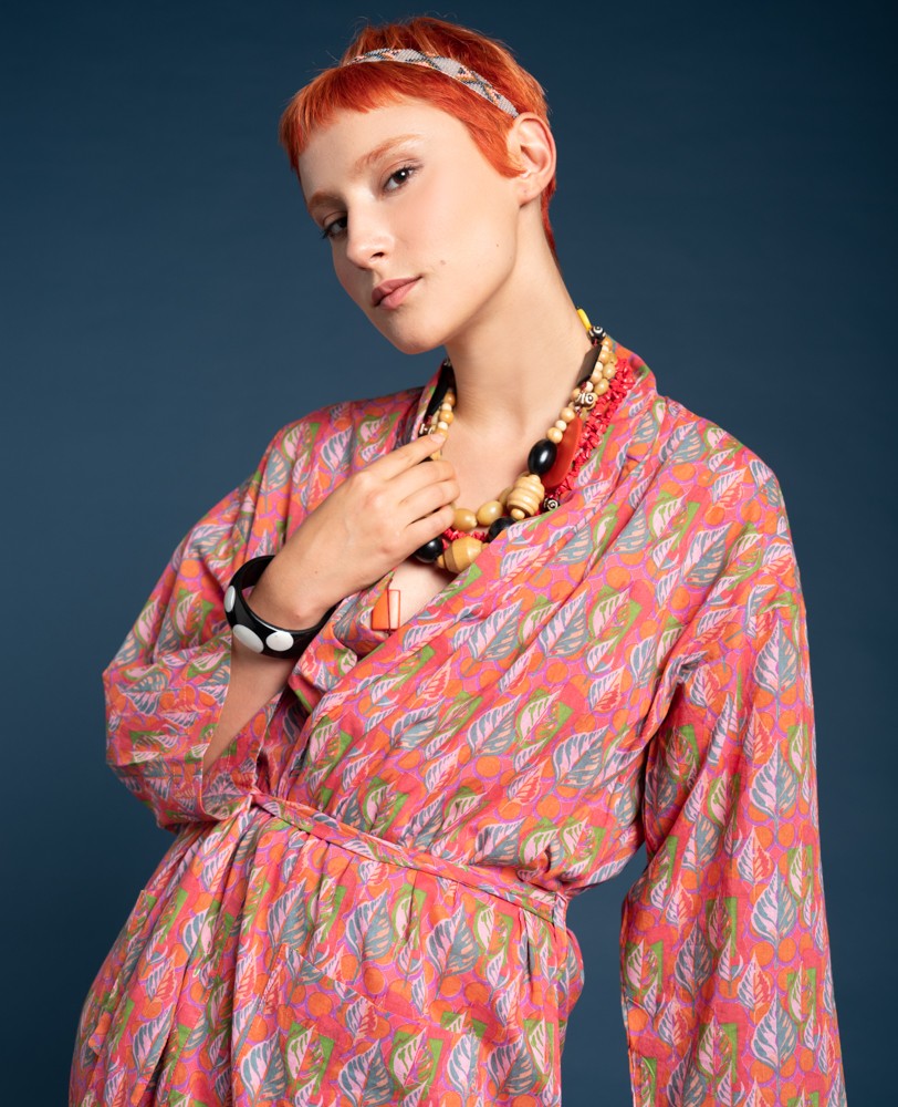 Long Kimono - Dotty bright coral