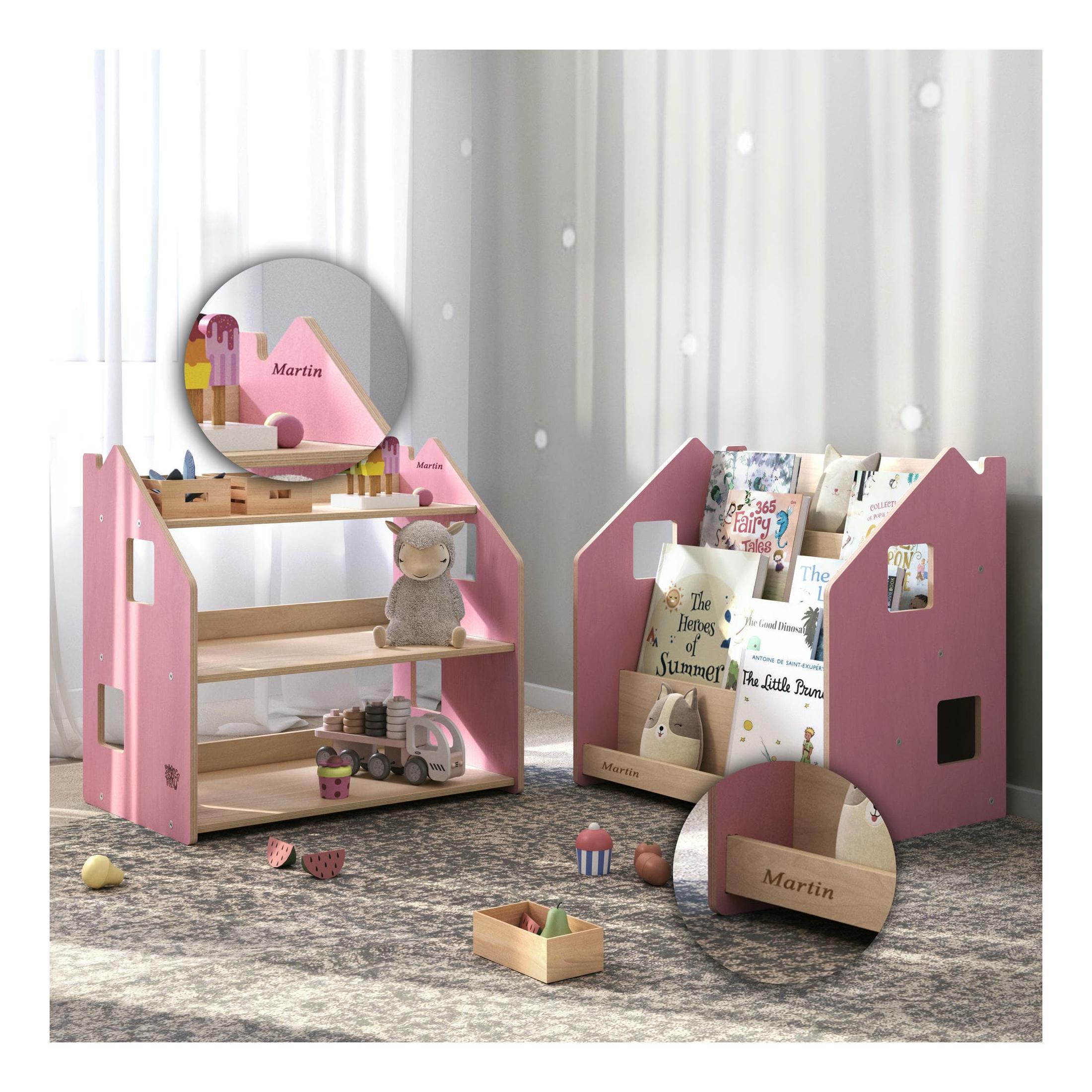Bibliothèque & Étagère À Jouets Duo – Bleu Clair & Rose