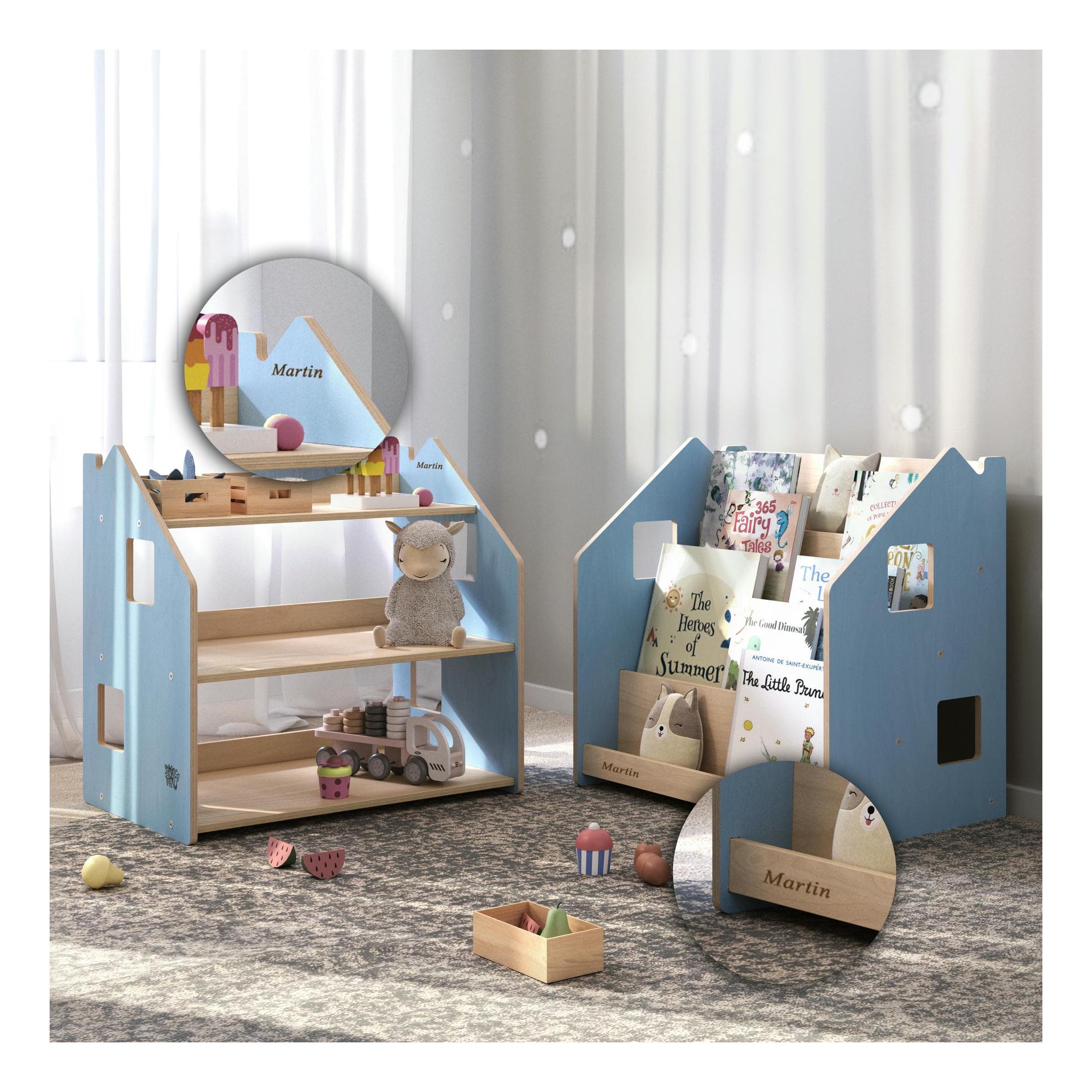 Bibliothèque & Étagère À Jouets Duo – Bleu Clair & Rose