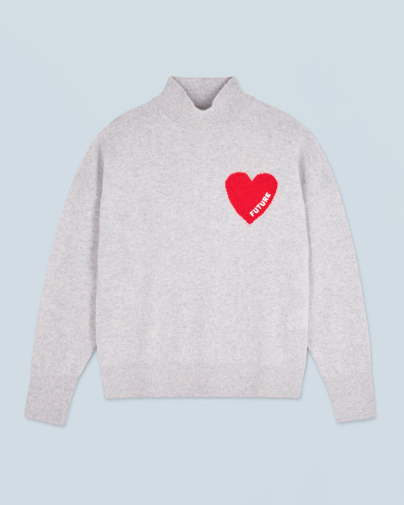 Pull Col Montant Coeur - Gris Chiné Clair - Femme